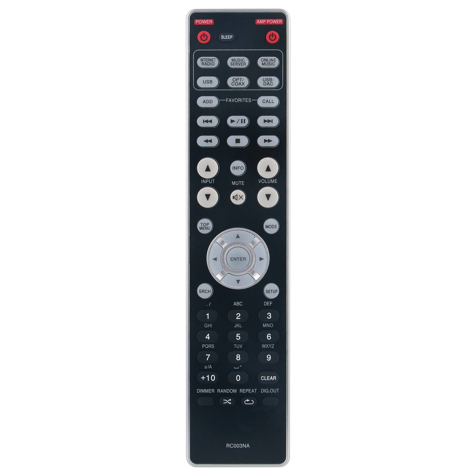 POWER AMP POWER SLEEP N RACIO MUSIC SERVER ONLINE MUSIC USB LTHO COAX 8 DAC ADD FAVORITES CALL "I | INFO INPUT MUTE VOLUME X TOP MIN MODE ENTER SRCH SETUP 1. ABC DEF 1 GHI 2 JKL 3 MNO 4 PORS 5 TUV 6 WXYZ 7 aid 8  9 +10 0 CLEAR DIMMER RANDOM REPEAT DIG.OUT RCO03NA