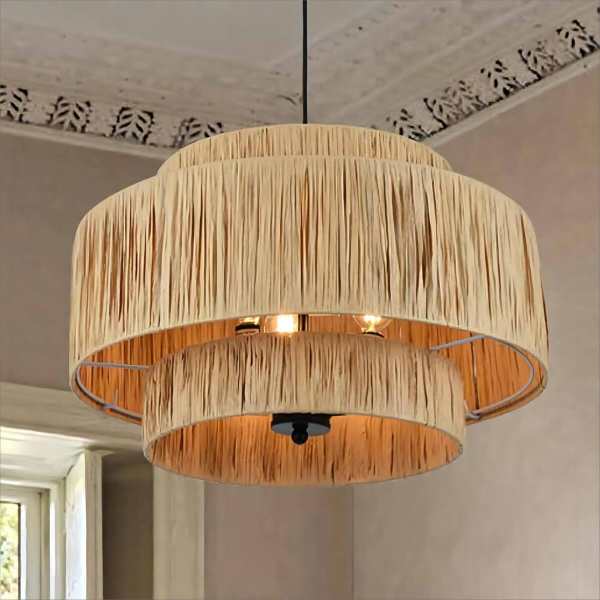 Left. Loheer - Loheer 3 Light Boho Chandelier with Natural Rattan Shade for Dining Room.