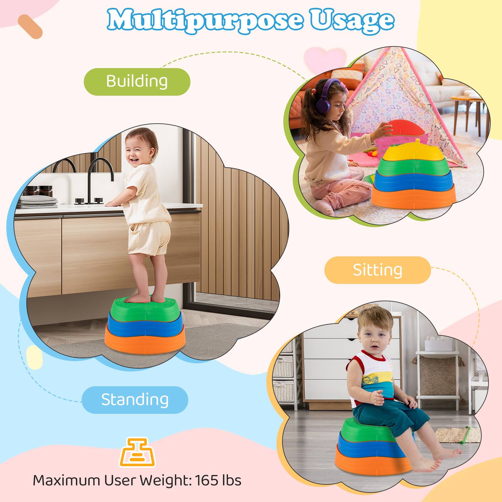 Multipurpose Usage

- Building
- Standing
- Sitting

Maximum User Weight: 165 lbs