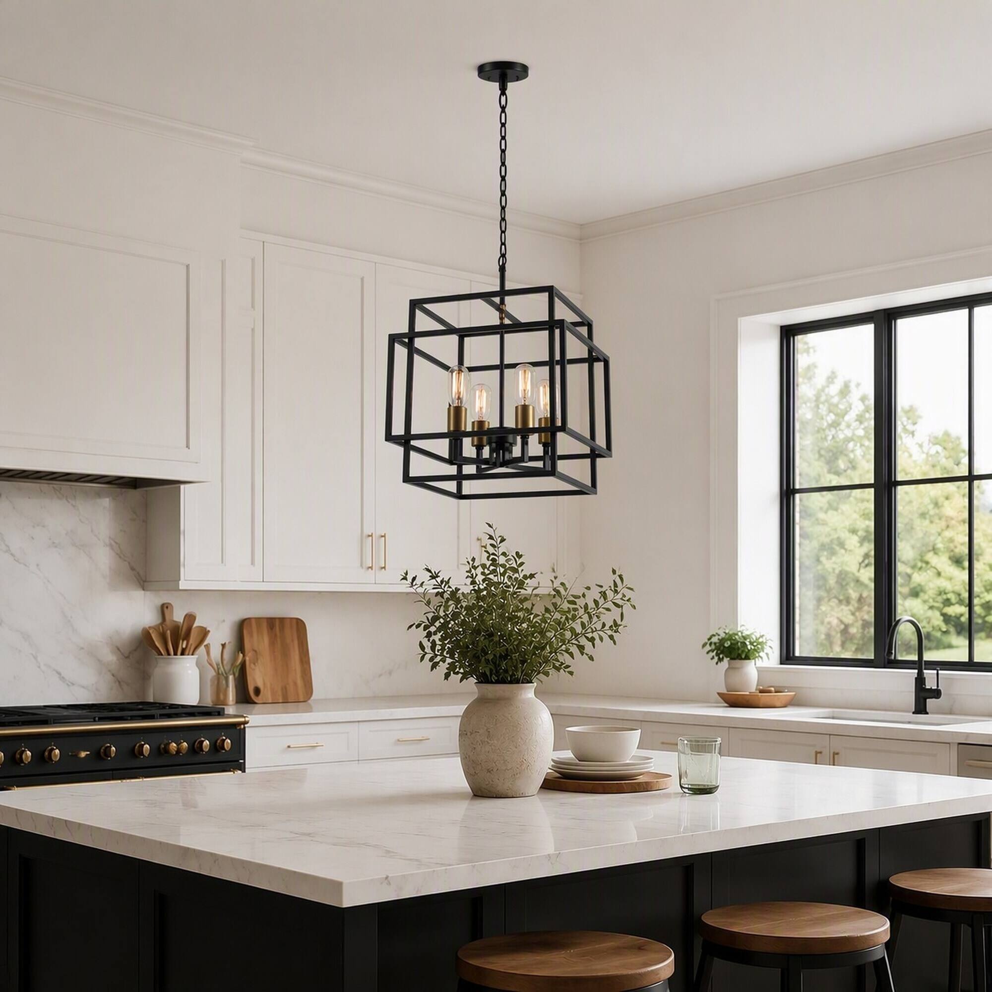 Alt View 1. RYHNUYNE - Square 4-Light Chandelier with Black and Gold Accents, Adjustable Chain for Sloped or Flat Ceilings, Ideal.
