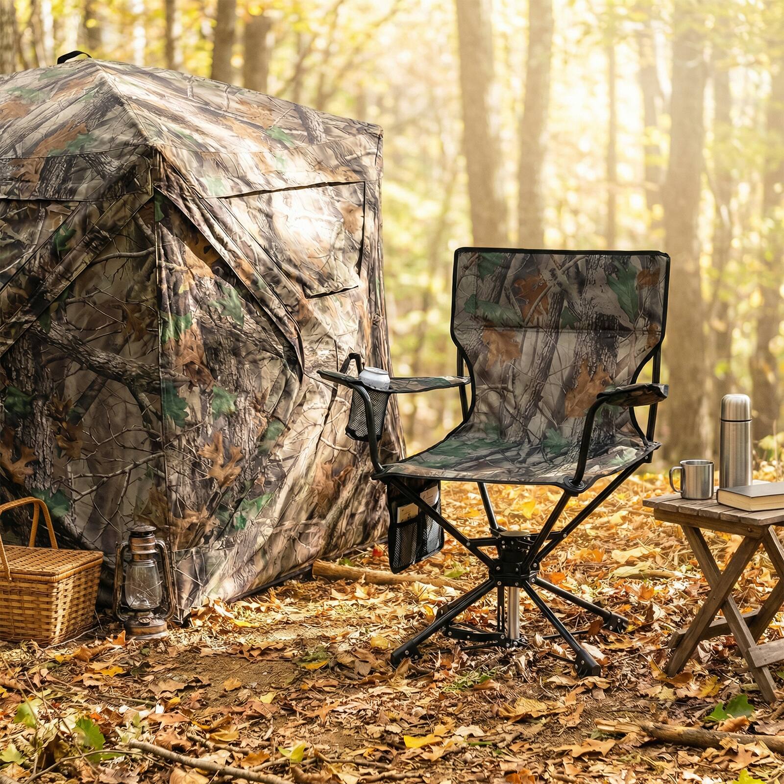Alt View 1. Costway - Costway 2 PCS 360° Swivel Hunting Chair with Mesh Cup Holder & Storage Pockets Cozy Backrest - Camouflage.
