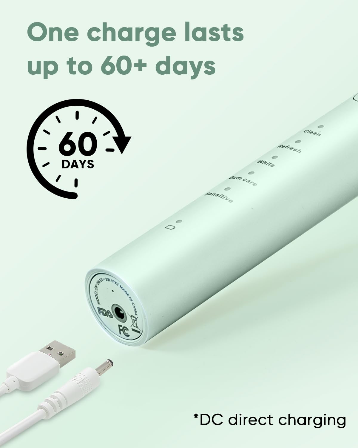 One charge lasts up to 60+ days

60 DAYS

Clean Refresh White Gum care Sensitive

*DC direct charging

MODELOF-ER

MADE IN CHINA

FC