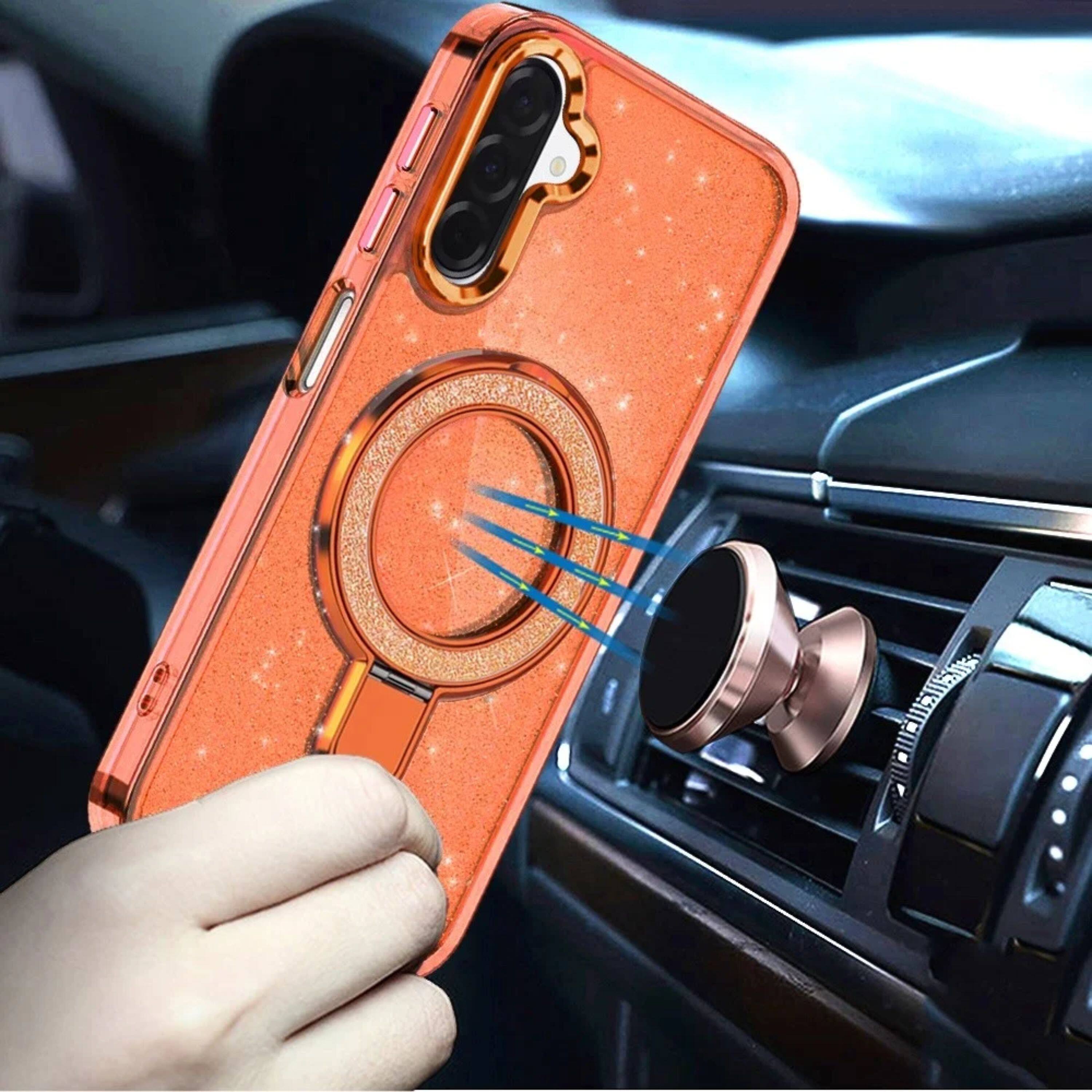 Left. Kitcheniva - Sparkling Translucent Glitter Magnetic Ring Case With Tempered Glass For Samsung A17 5G Cosmic Orange - Cosmic Orange.