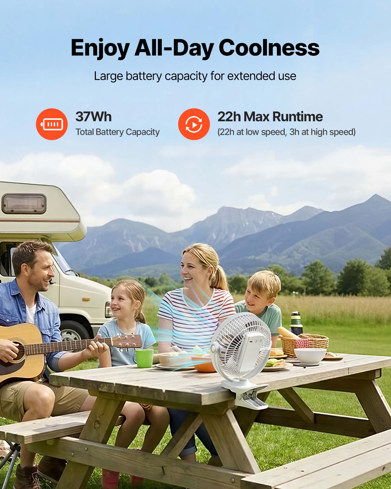 Enjoy All-Day Coolness  
Large battery capacity for extended use  
37Wh Total Battery Capacity  
22h Max Runtime (22h at low speed, 3h at high speed)