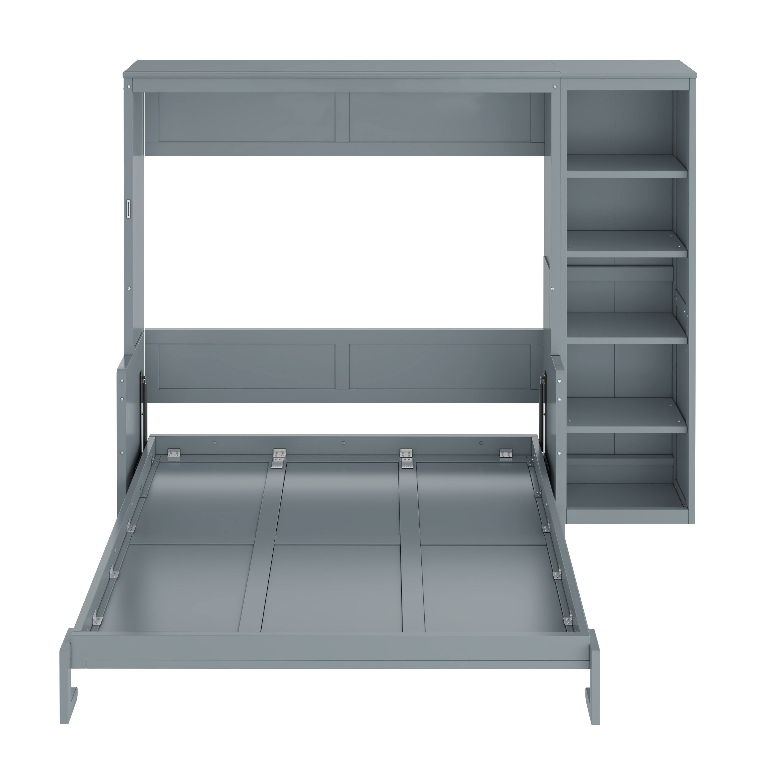 Back. Whisen - Murphy Bed with Built-in Desk and Side Bookshelves, Foldable Space-Saving Bed Cabinet - Gray.