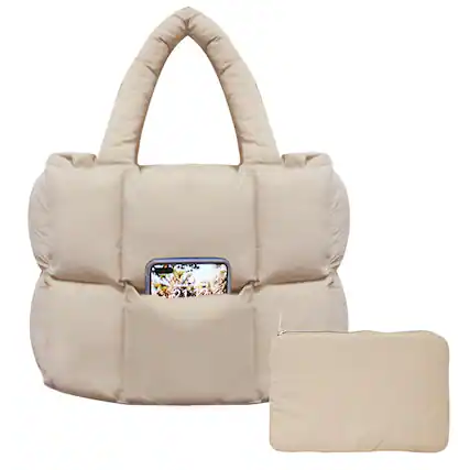 Front. DORLUKFU - Puffer Tote Bag for Women, Lightweight Quilted Puffy Shoulder Handbag with Adjustable Shoulder Strap - Beige With Organizer.