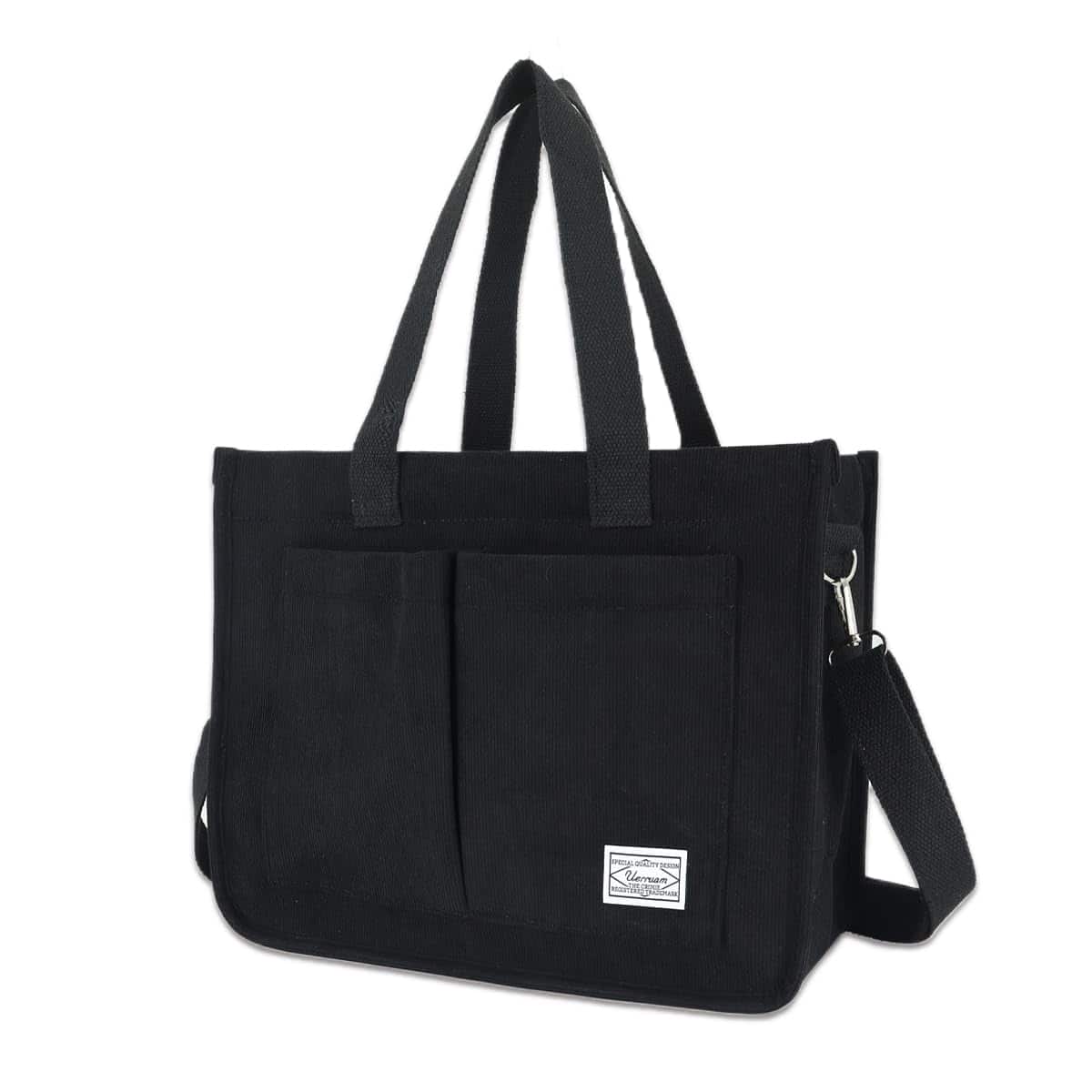 DORLUKFU - Tote Bag for Women with Pockets,Large Corduroy Crossbody Purse for Laptop,Work,College,Everyday,Travel - Black