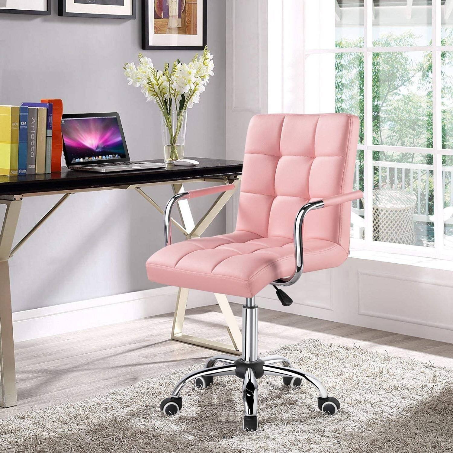 Angle. Hivvago - Pink Modern Faux Leather Mid-Back Swivel Office Chair with Armrests and Wheels - pink.