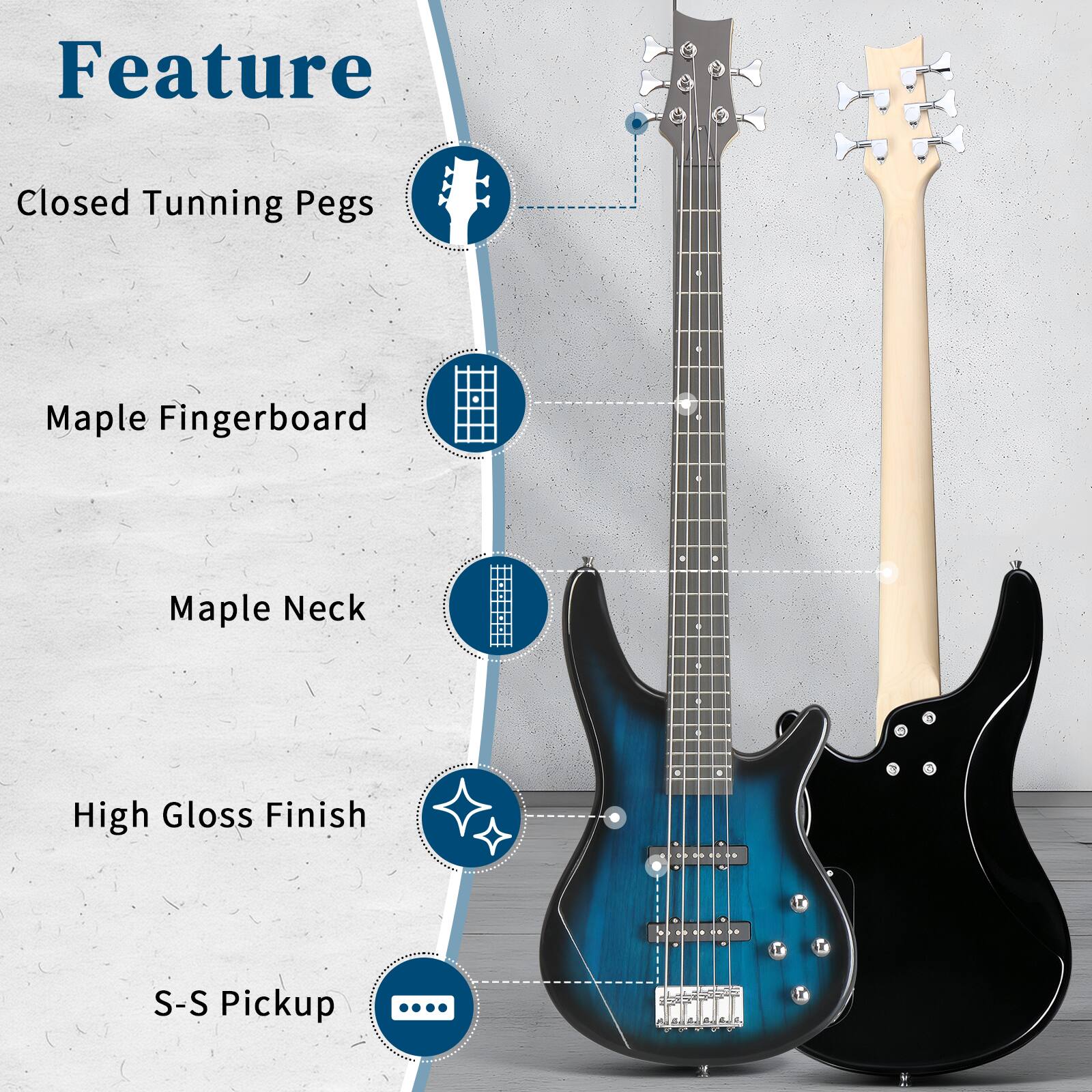 Feature
- Closed Tuning Pegs
- Maple Fingerboard
- Maple Neck
- High Gloss Finish
- S-S Pickup