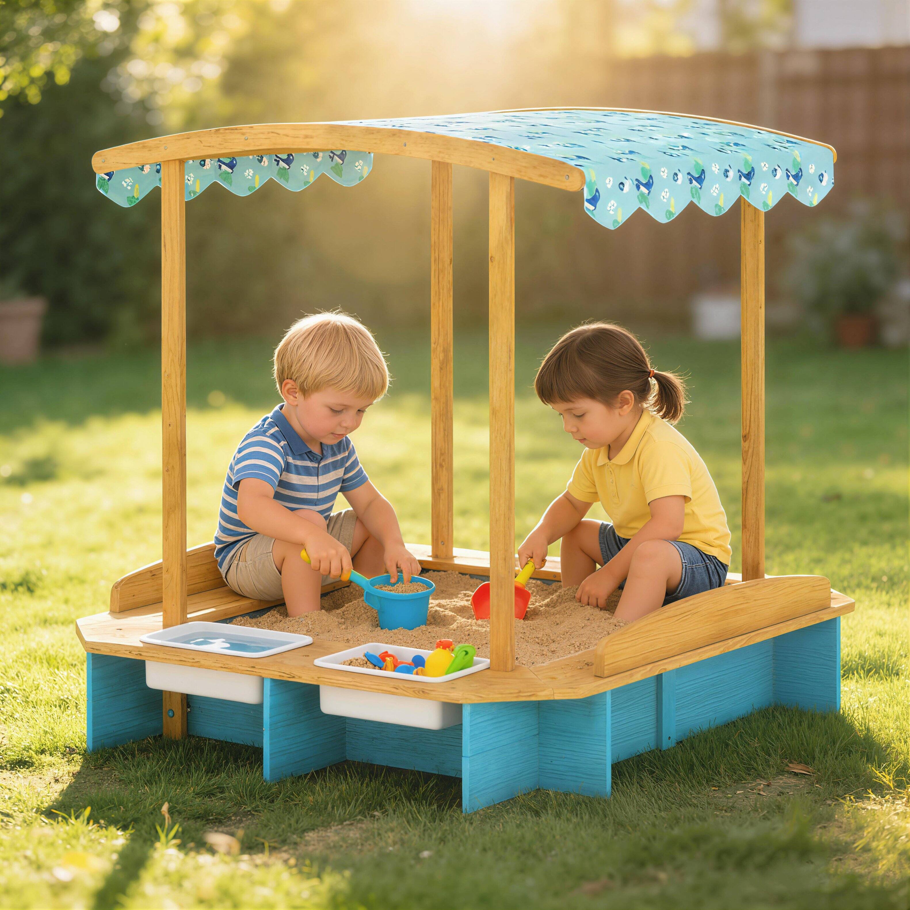 Alt View 1. Qaba - Sandbox with Dinosaur Print Canopy Kids Sandbox Outdoor with Bench Seats & 2 Storage - Blue.