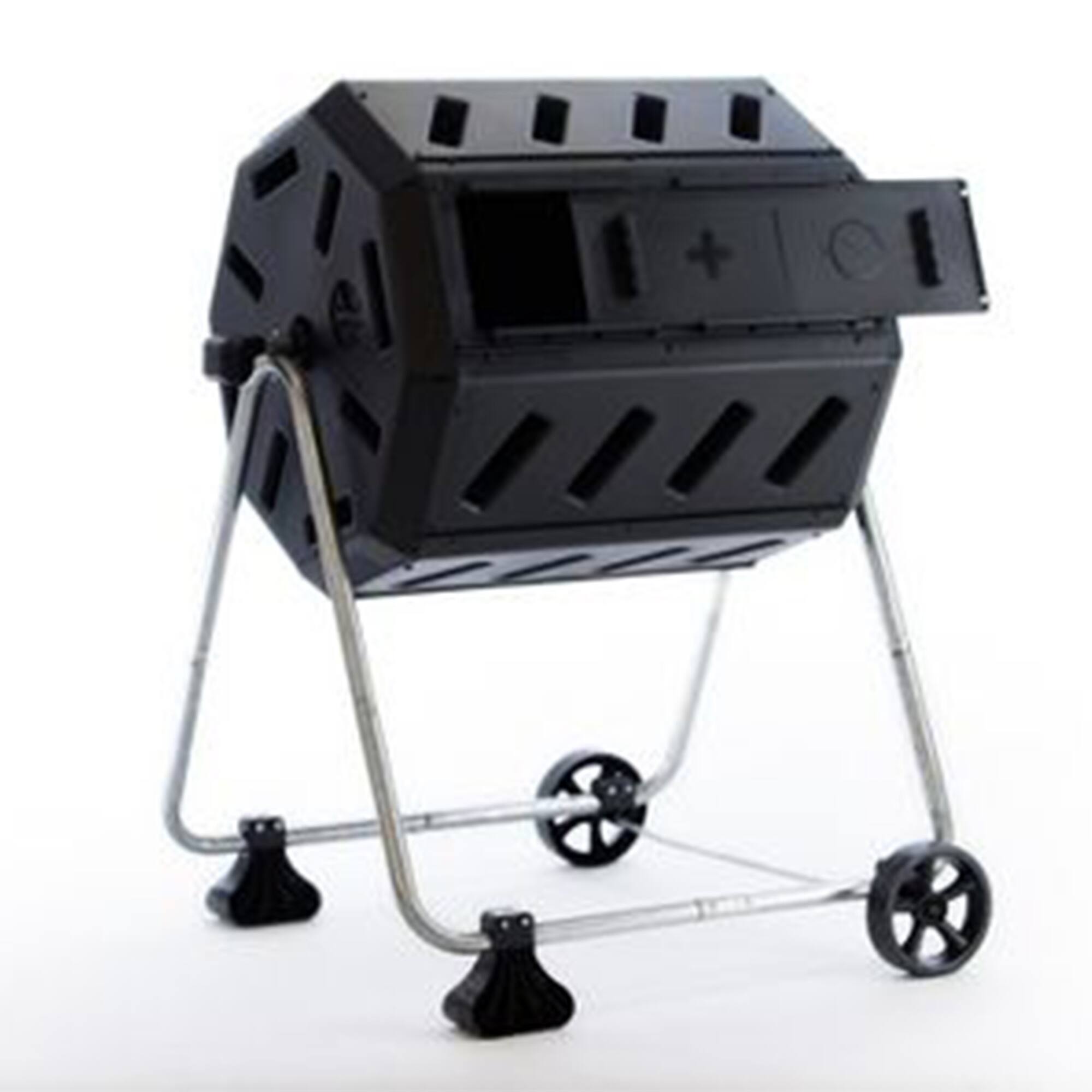 Front. FCMP Outdoor - FCMP Outdoor 37 Gallon Dual Chamber Tumbling Composter Bin with Wheels, Black.