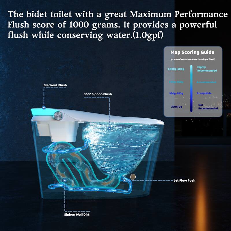 The bidet toilet with a great Maximum Performance Flush score of 1000 grams. It provides a powerful flush while conserving water (1.0gpf).

Map Scoring Guide (grams of waste removed in a single flush)
- 1,000g-600g: Highly Recommended
- 600g-350g: Recommended
- 350g-250g: Acceptable
- 250g-0g: Not Recommended

Blackout Flush
360° Siphon Flush
Jet Flow Push
Siphon Wall Dirt