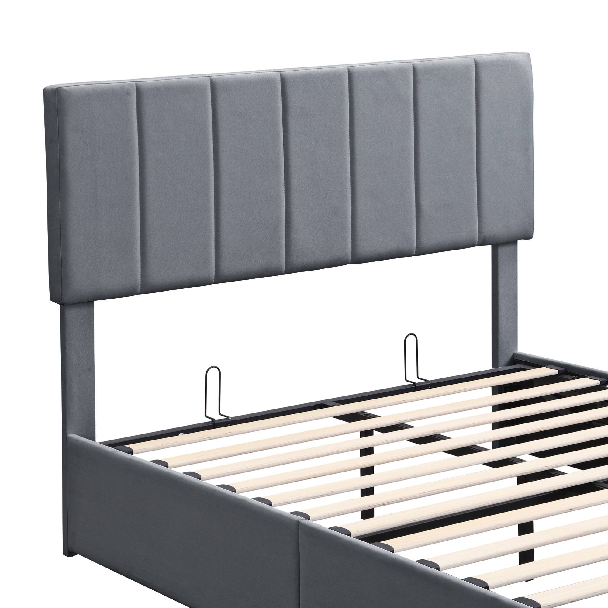 Alt View 7. GOODSILO - Full Size Upholstered Platform Bed with Hydraulic Storage System and Wooden Slat Support - Gray.