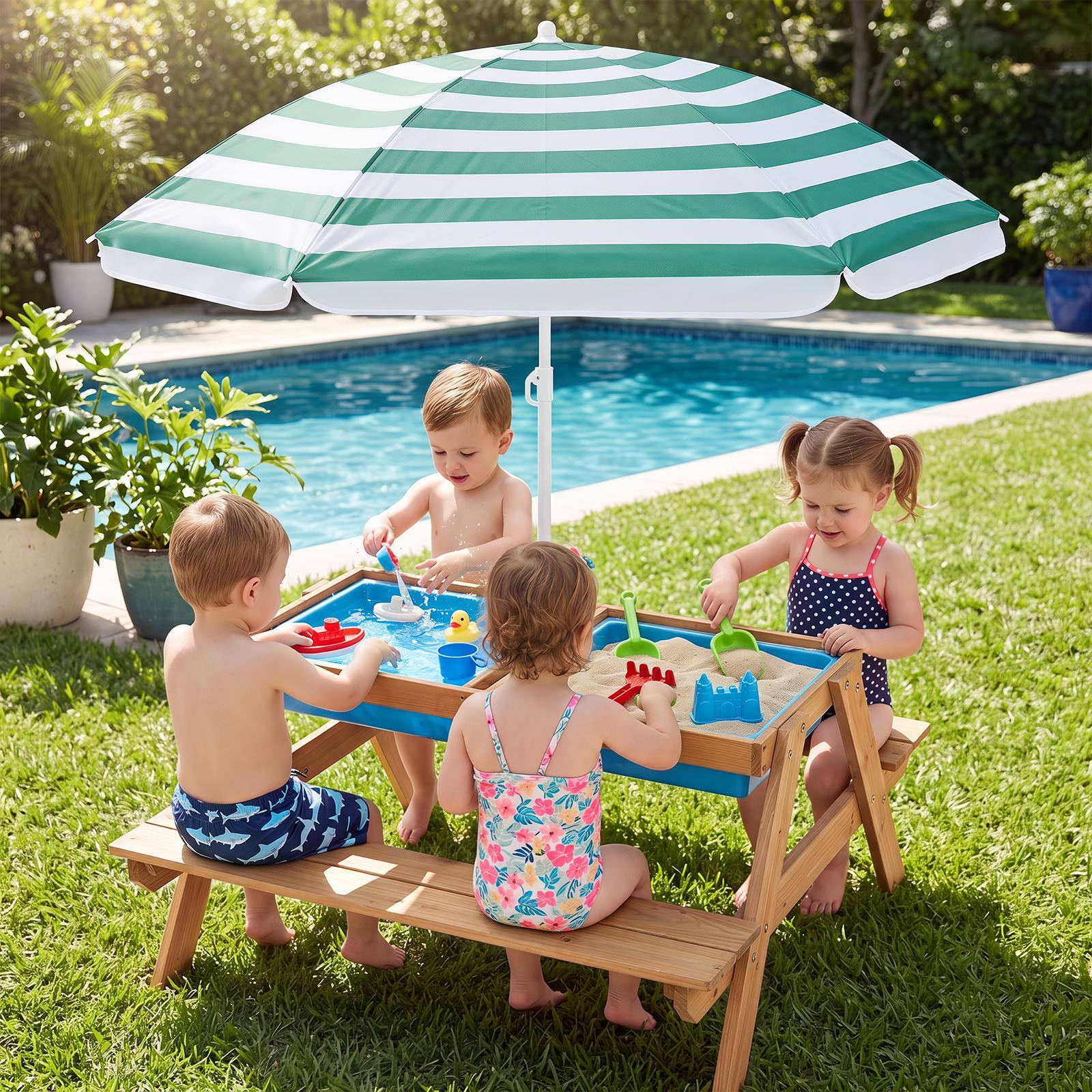 Alt View 1. Costway - Costway 3-in-1 Kids Picnic Table Wooden Outdoor Sand & Water Table with Umbrella Play Boxes - Green+White.