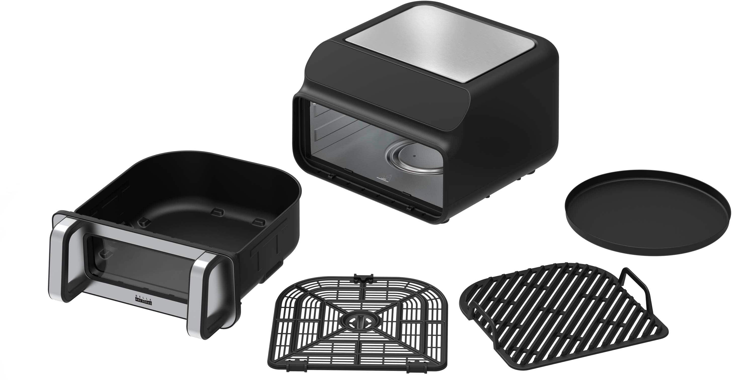 The image shows a variety of kitchen appliances, including a toaster, a grill, and a microwave. The toaster is placed on the left side of the image, while the grill is located in the middle, and the microwave is positioned towards the right side. The appliances are all black and are arranged in a way that highlights their individual features and functions.