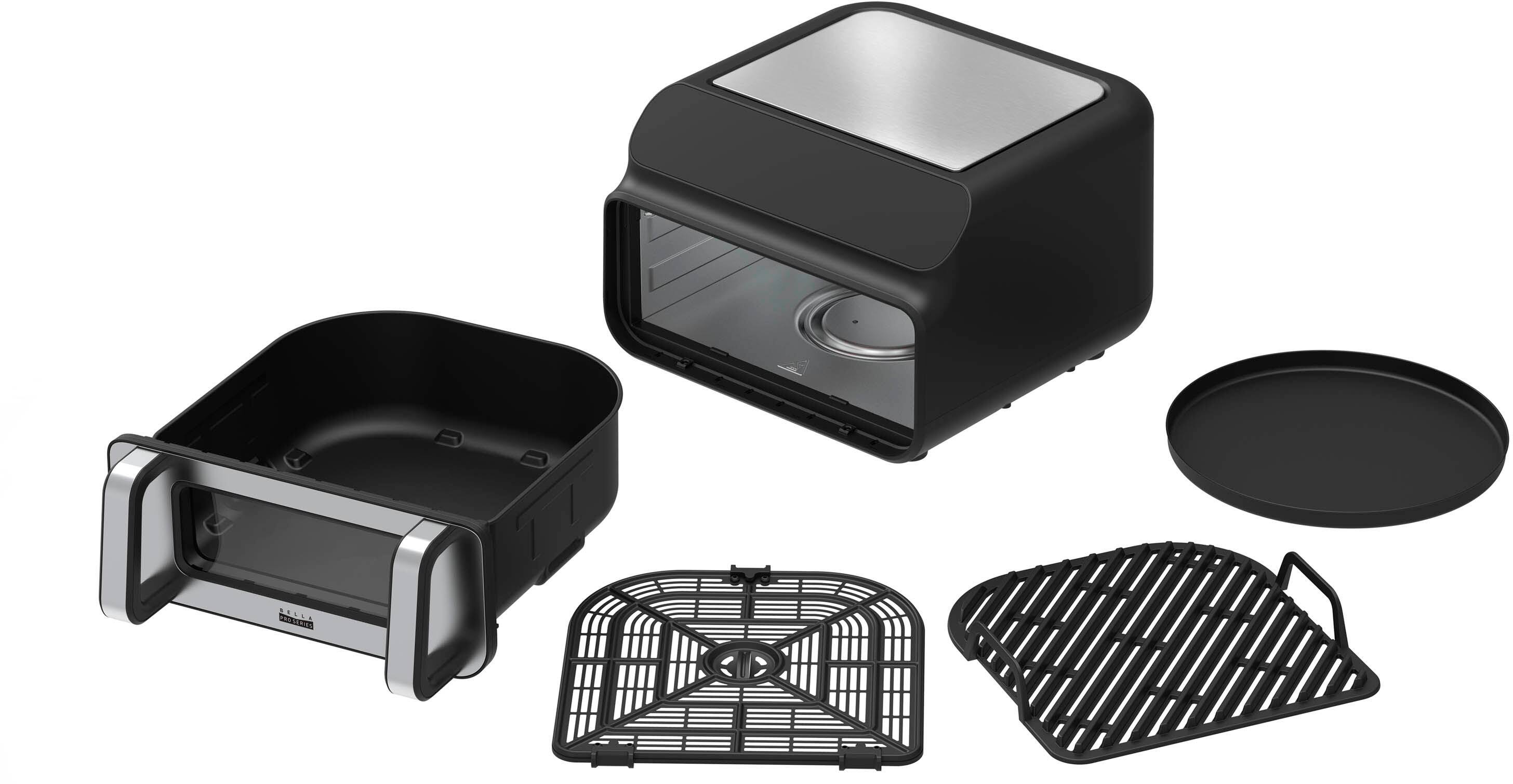 The image shows a variety of kitchen appliances, including a toaster, a grill, and a microwave. The toaster is placed on the left side of the image, while the grill is located in the middle, and the microwave is positioned towards the right side. The appliances are all black and are arranged in a way that highlights their individual features and functions.