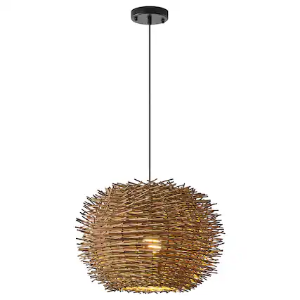Front. Vaczon - Rattan Bird’s Nest Pendant /Flush Mount Light, Unique Irregular Shape, Wicker Shade, Boho Chic Ceiling Lighting - Natural Rattan.