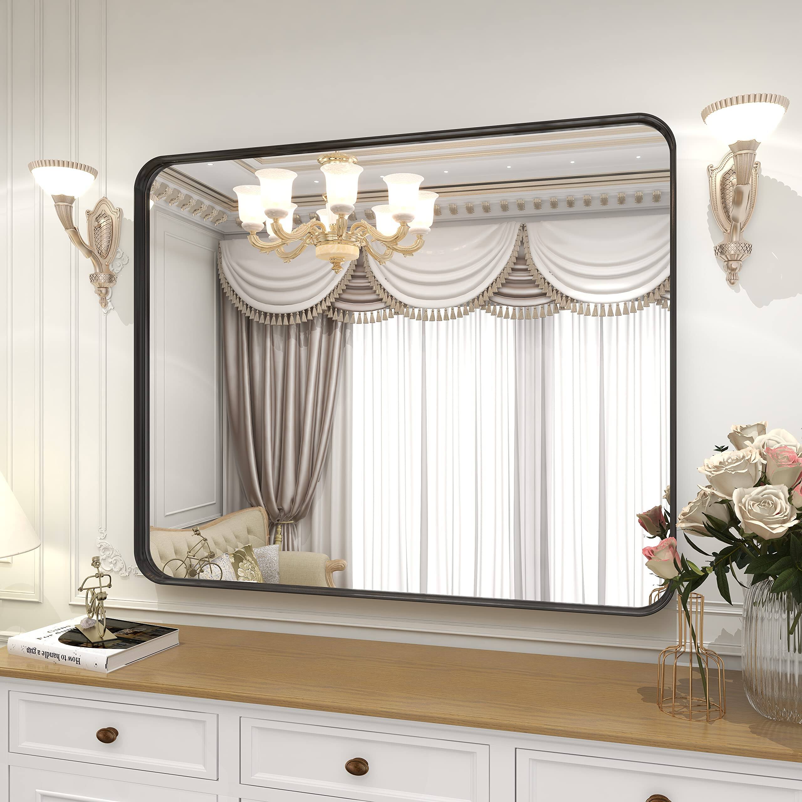 Alt View 3. METALTON - Bathroom Mirror Gorgeous Deep Frame Wall Modern Round Corner Vanity For Bedroom Living Room Hanging Or Lean - Gold 32"L x 24"W.