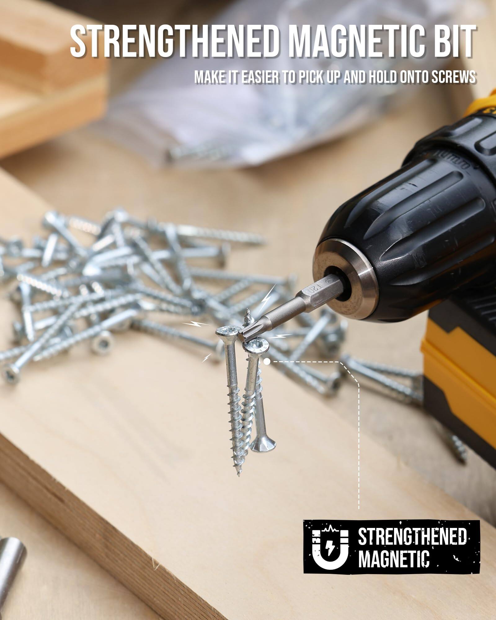 STRENGTHENED MAGNETIC BIT  
MAKE IT EASIER TO PICK UP AND HOLD ONTO SCREWS  

STRENGTHENED MAGNETIC