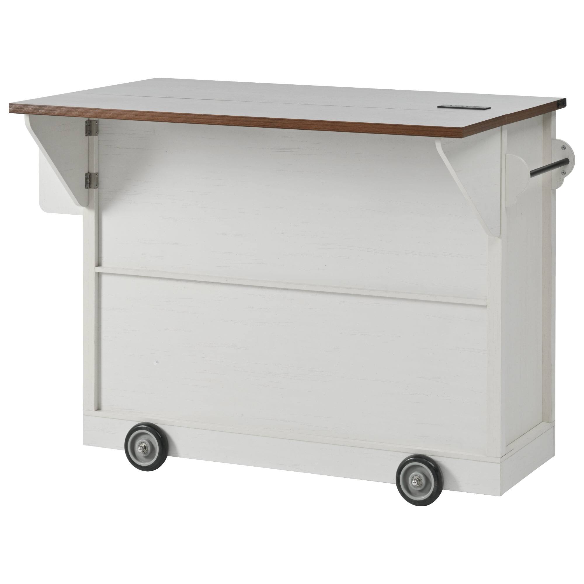 Alt View 7. PexFix - 54" Farmhouse Kitchen Island Cart with Built-in Power Outlet, Drop Leaf and Abundant Storage - White.
