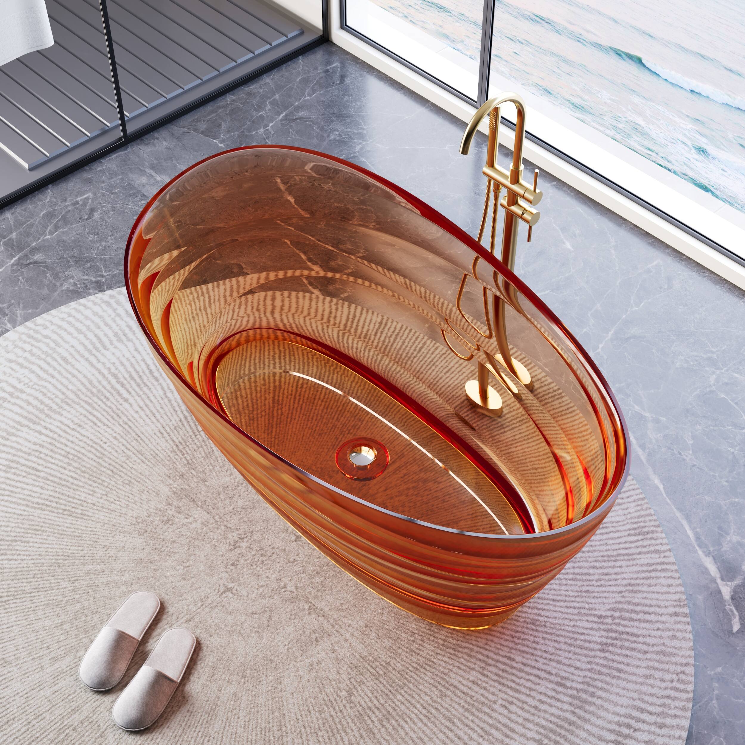 Angle. WELLFOR - AQUA 62 in. x 35 in. Resin Solid Surface Flatbottom Freestanding Soaking Bathtub with Center Drain - Champagne.