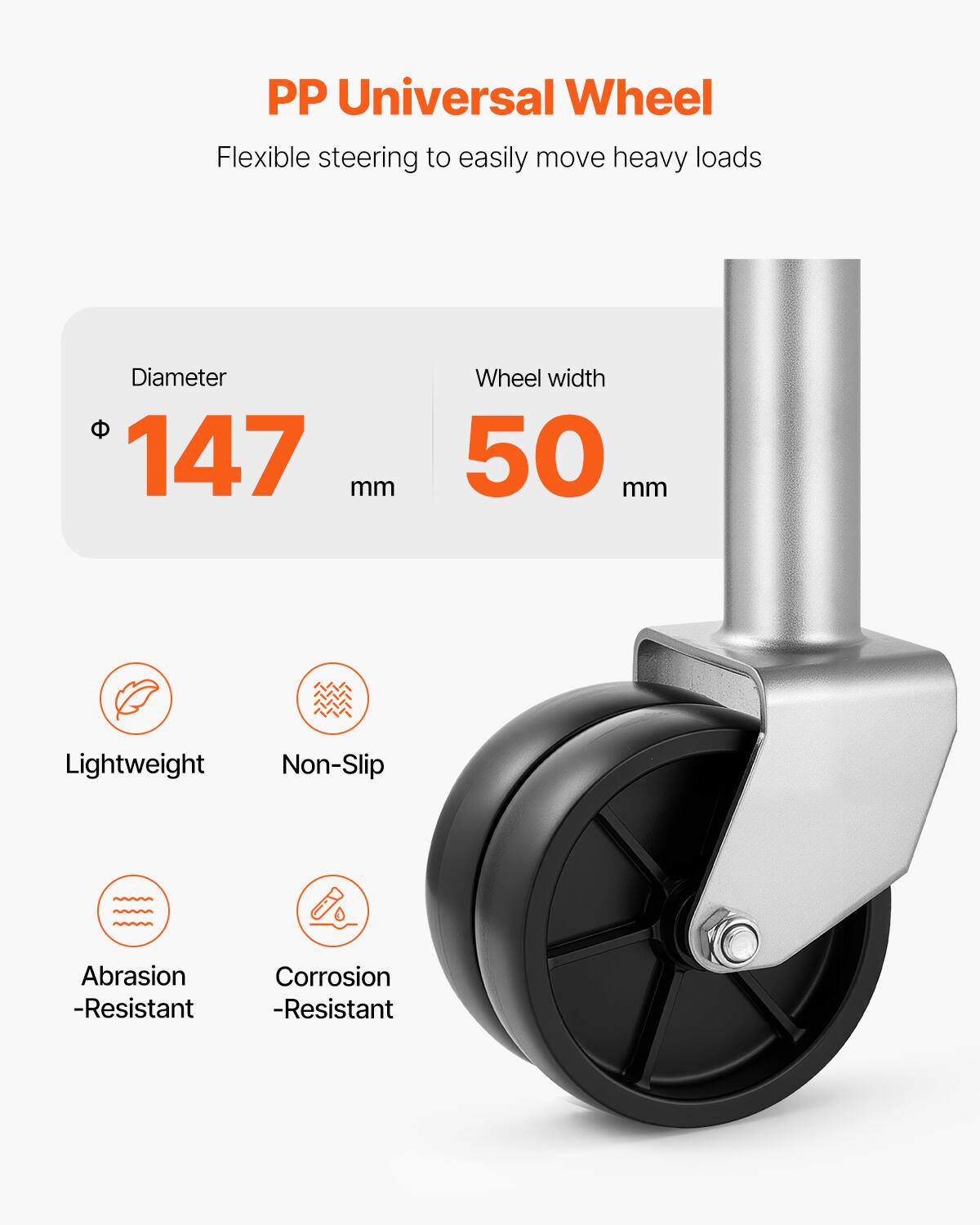 PP Universal Wheel Flexible steering to easily move heavy loads Diameter 147 mm Wheel width 50 mm Lightweight Non-Slip Abrasion-Resistant Corrosion-Resistant