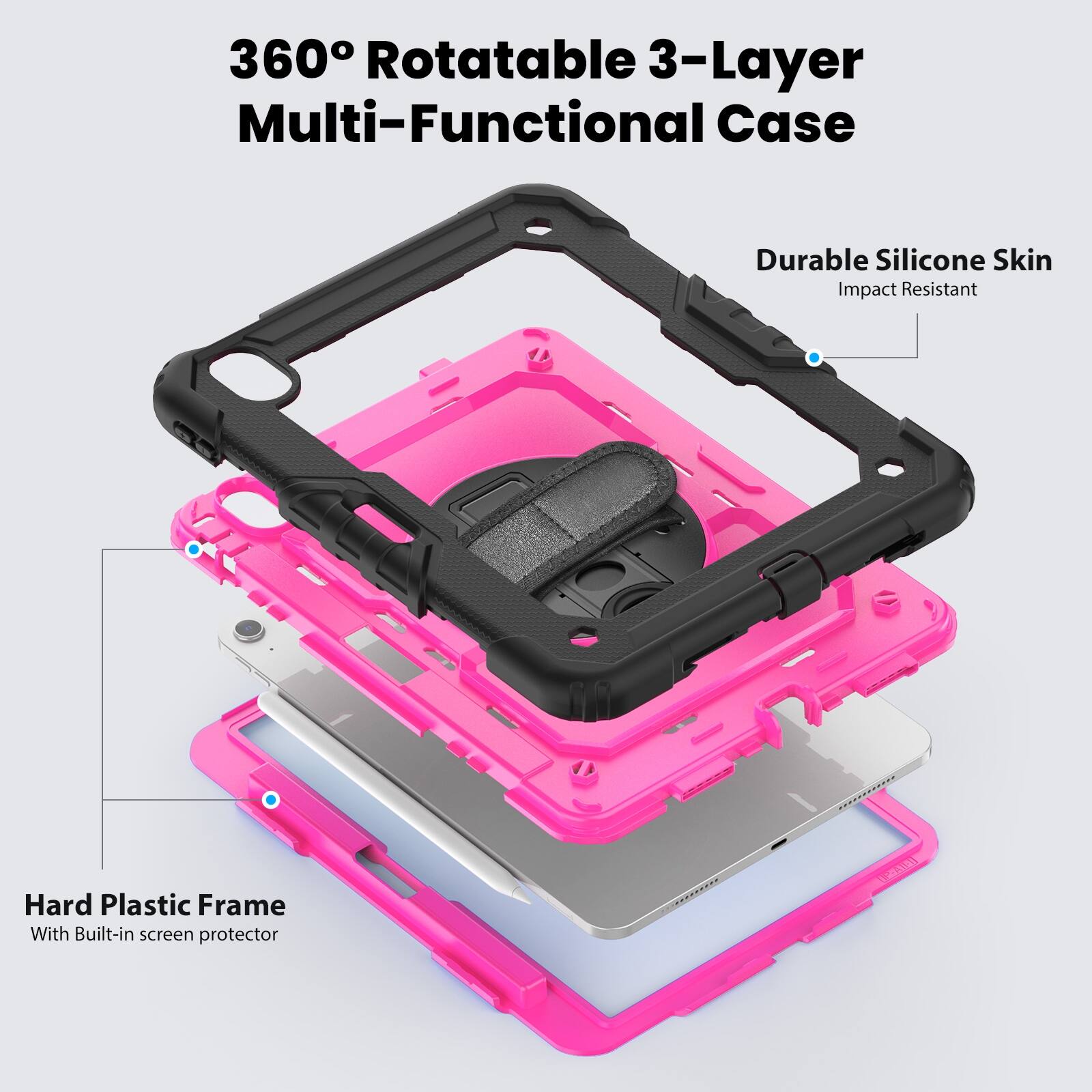 360° Rotatable 3-Layer Multi-Functional Case

Durable Silicone Skin
Impact Resistant

Hard Plastic Frame
With Built-in screen protector