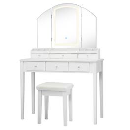 Costway - Vanity Table Stool Set Large Tri-folding Lighted Mirror 6 Drawer Dresser - White