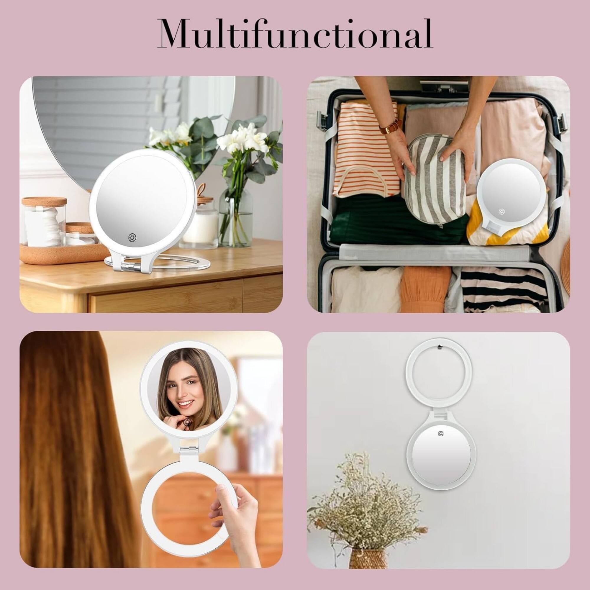 Alt View 1. FASCINATE - 2-Sided Magnifying Mirror with 3 Color Lights and Travel Bag - White.