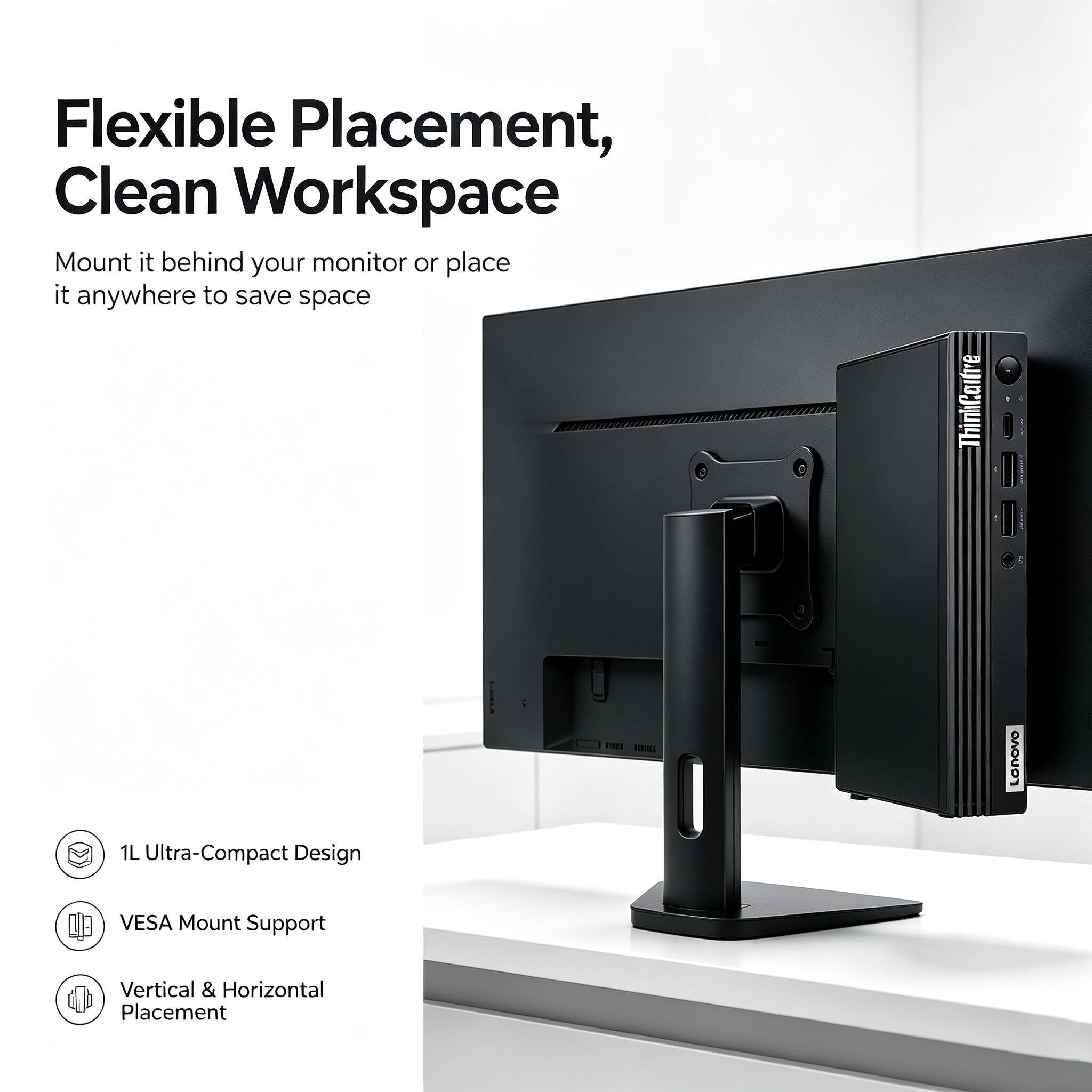 Flexible Placement, Clean Workspace  
Mount it behind your monitor or place it anywhere to save space  

1L Ultra-Compact Design  
VESA Mount Support  
Vertical & Horizontal Placement