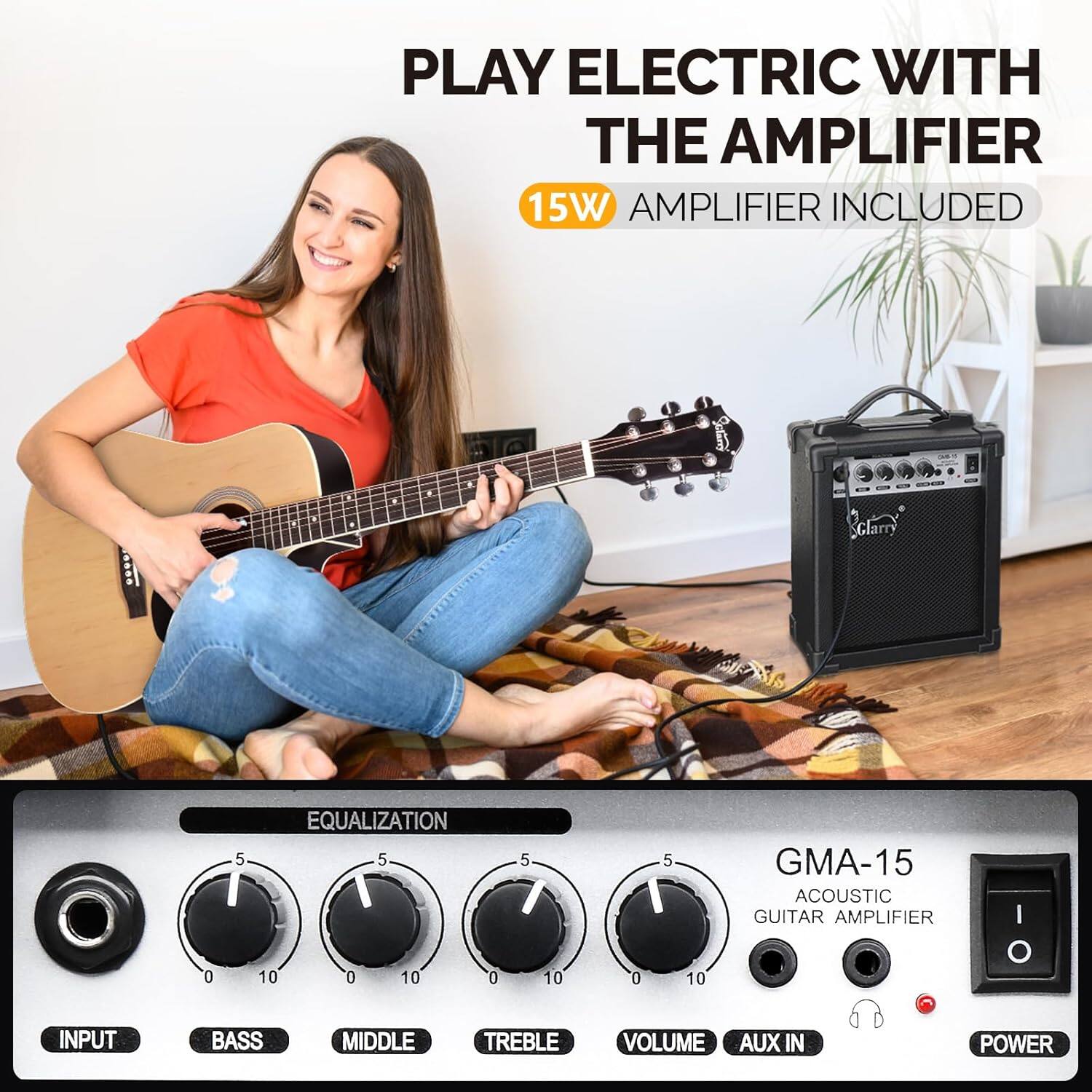PLAY ELECTRIC WITH THE AMPLIFIER  
15W AMPLIFIER INCLUDED  

EQUALIZATION  
INPUT  
BASS  
MIDDLE  
TREBLE  
VOLUME  
AUX IN  
POWER  

GMA-15  
ACOUSTIC GUITAR AMPLIFIER
