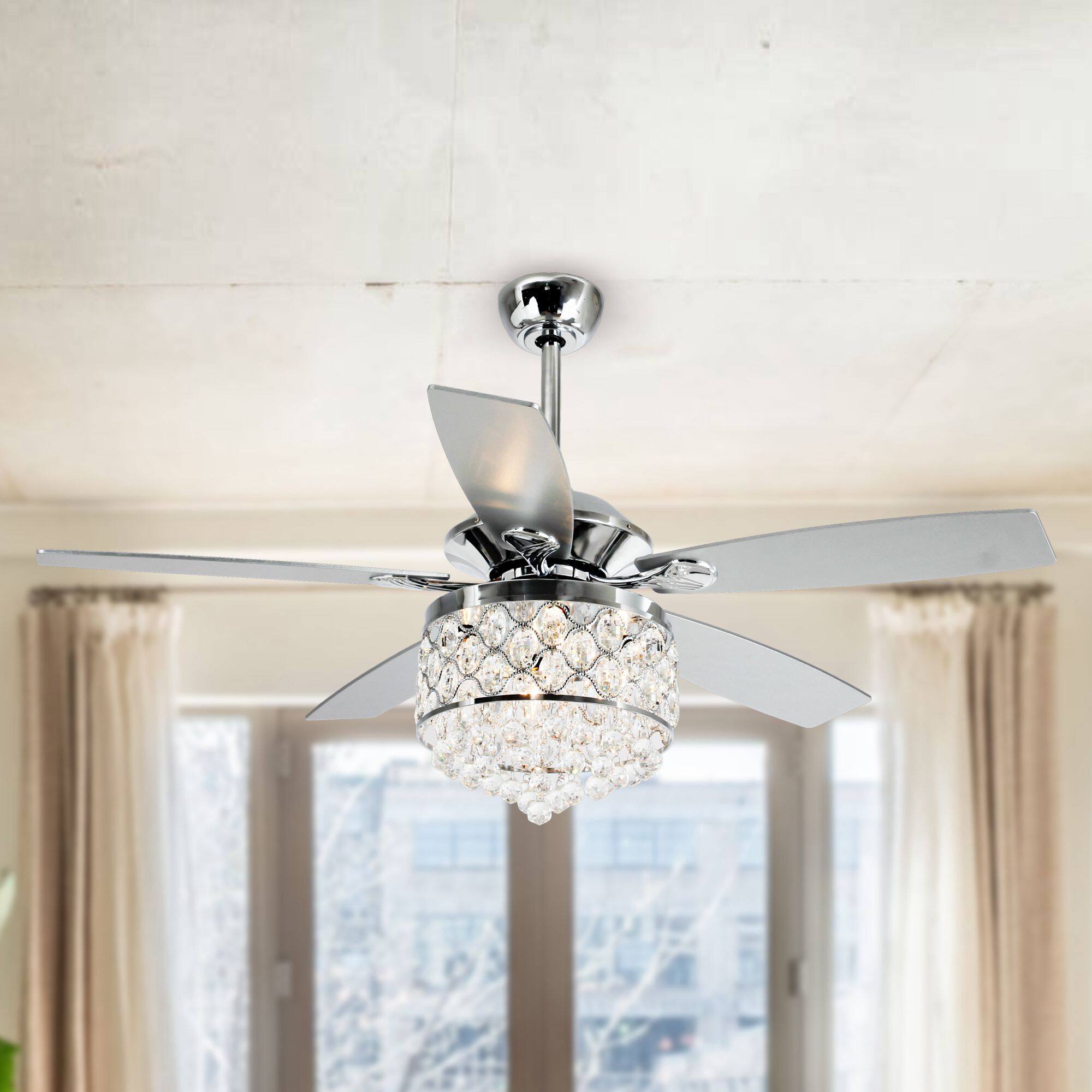 Angle. Parrot Uncle - 52" Modern Silver 5-Blade Crystal Ceiling Fan with Remote Control - Chrome.