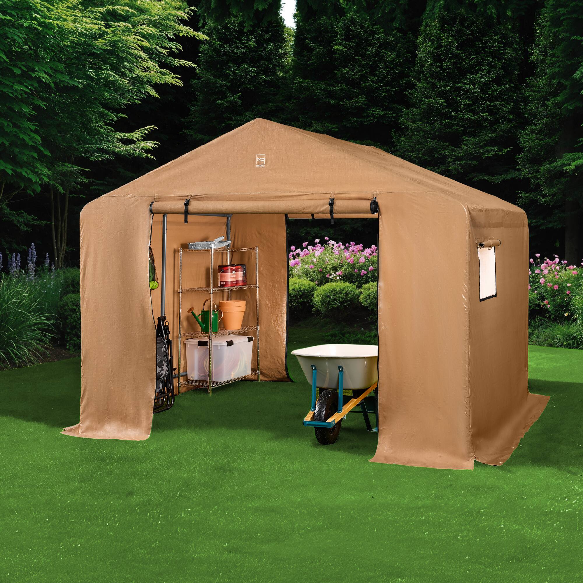Alt View 7. Best Choice Products - Best Choice Products 10x8ft Outdoor Fabric Storage Shed, Steel Frame, Dual Roll-Up Zipper Doors, Window - Tan - Tan.