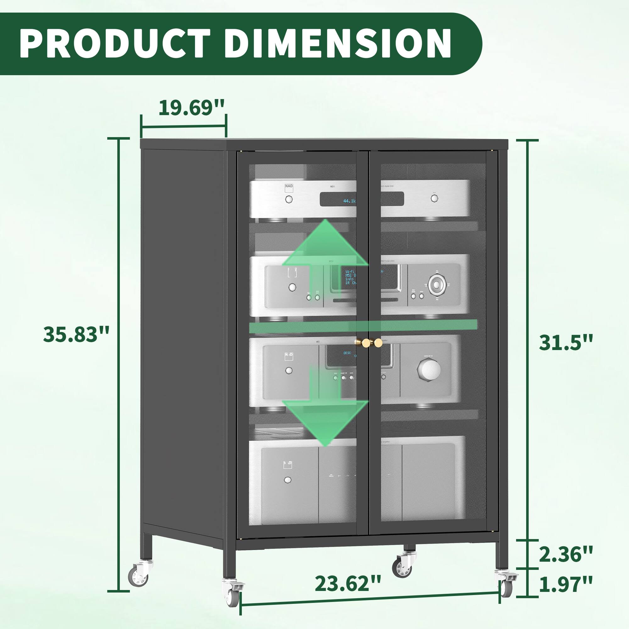 PRODUCT DIMENSION

- Height: 35.83"
- Width: 31.5"
- Depth: 23.62"
- Height of the top section: 19.69"
- Height of the bottom section: 2.36"
- Height of the bottom shelf: 1.97"