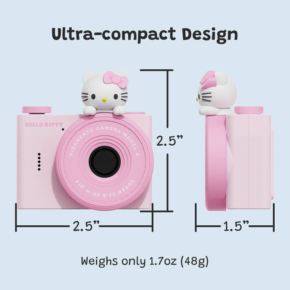 Ultra-compact Design Hello Kitty Camera: Kiddamento Model A, 14 Super 50-0 F2.8, 2.5" x 2.5" x 1.5", Weighs only 1.7oz (48g).
