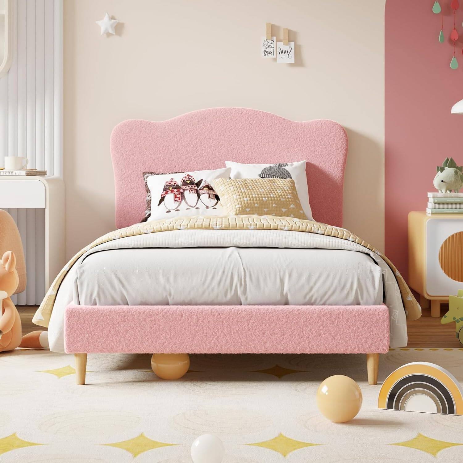 Front. Babevy - Kids Bed Frame with Adjustable Headboard, Upholstered Platform Bed with Sturdy Wood Slats, No Box Spring Needed - Pink.