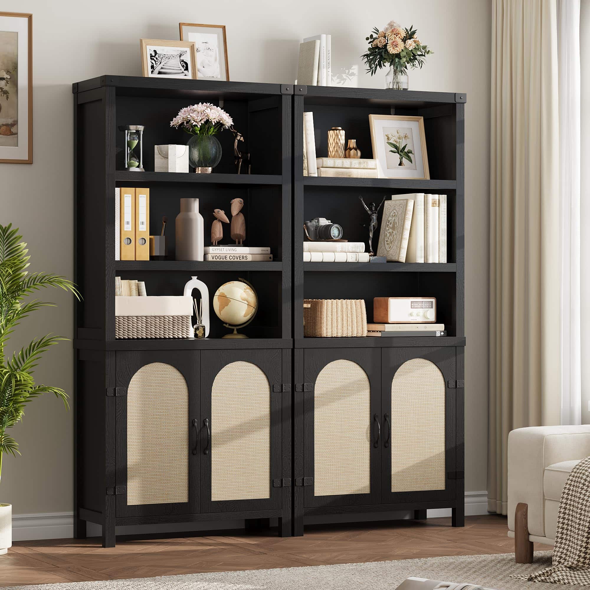 Homhougo - 2pcs Farmhouse Bookshelves and Bookshelves with Door, 70" High Bookshelves with Three Levels of Open Storage - Black