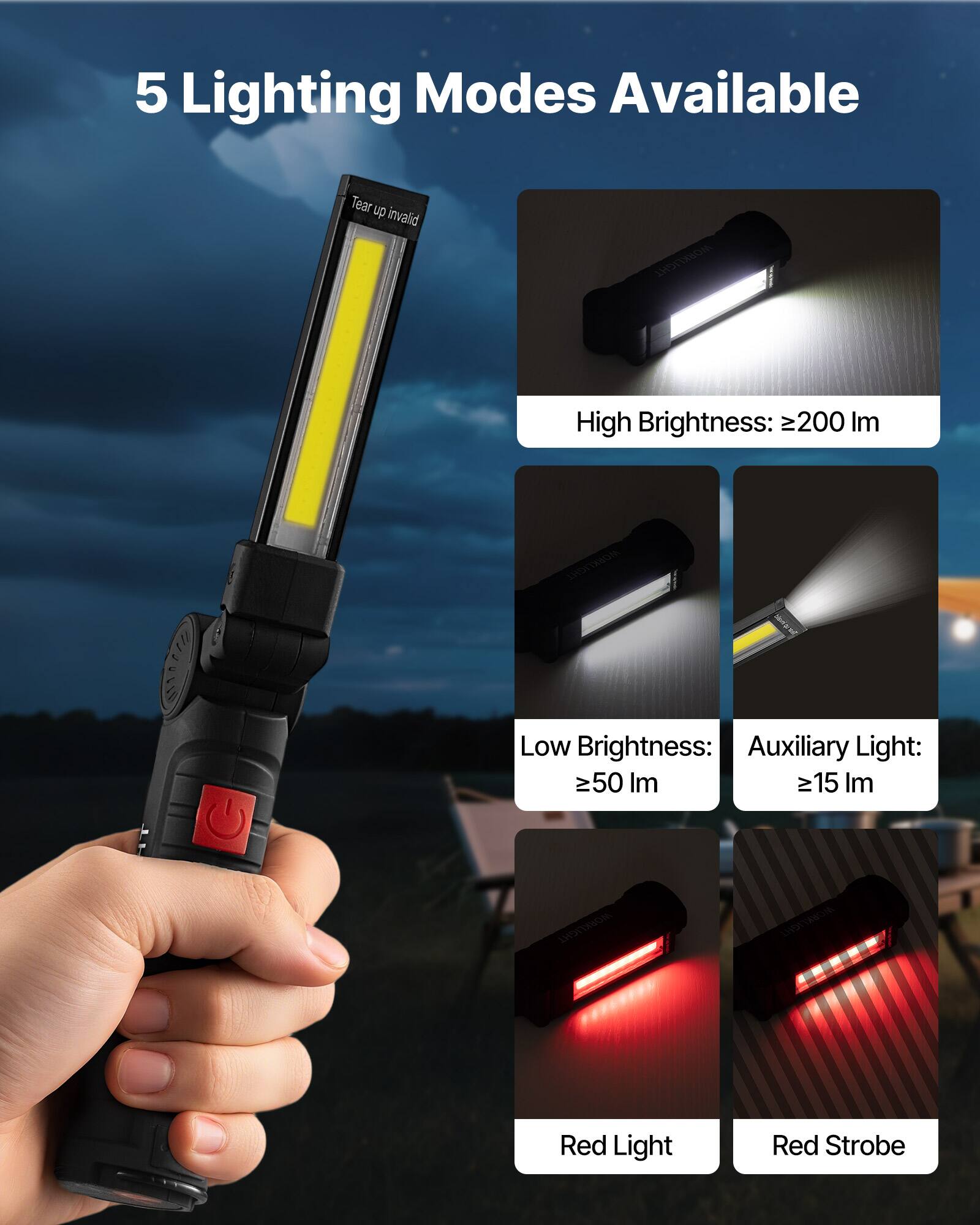 5 Lighting Modes Available

- High Brightness: ≥200 Im
- Low Brightness: ≥50 Im
- Auxiliary Light: ≥15 Im
- Red Light
- Red Strobe