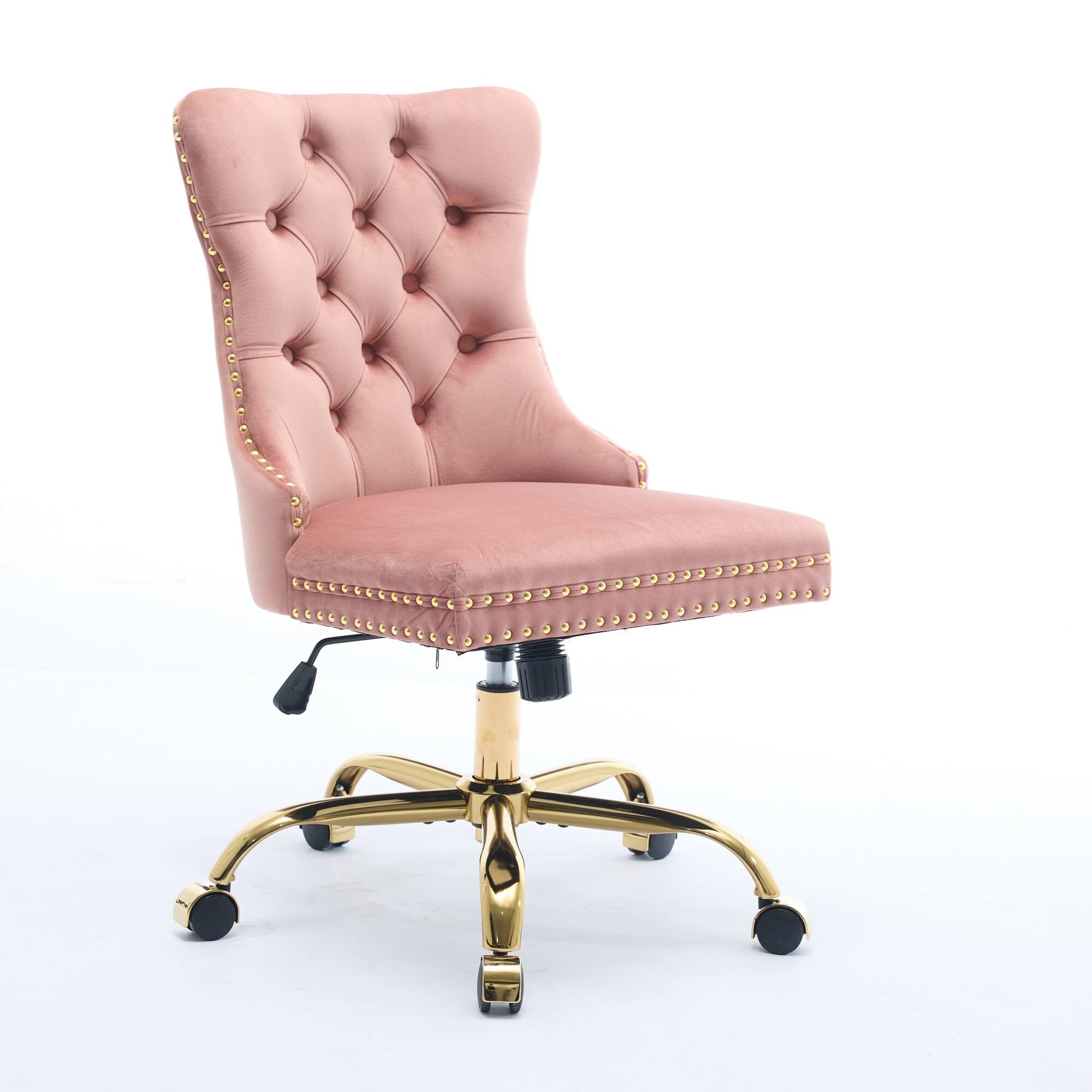 Left. APRILSOUL - Furniture Office Chair Velvet Tufted Golden Base Pink - Pink.