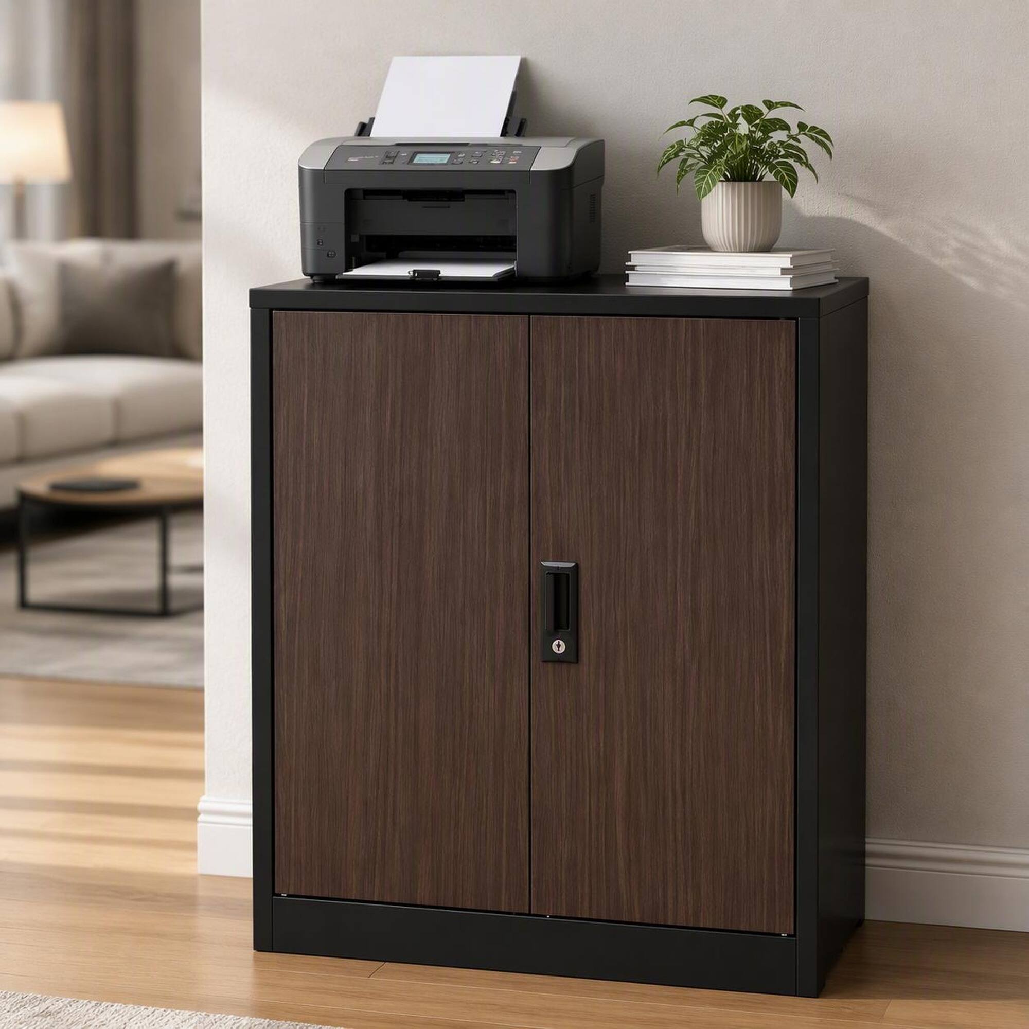 Front. RYHNUYNE - Metal Storage Cabinet Folding Filing Storage Cabinet with Locking Doors and Adjustable Shelf for Home Office School - Black.