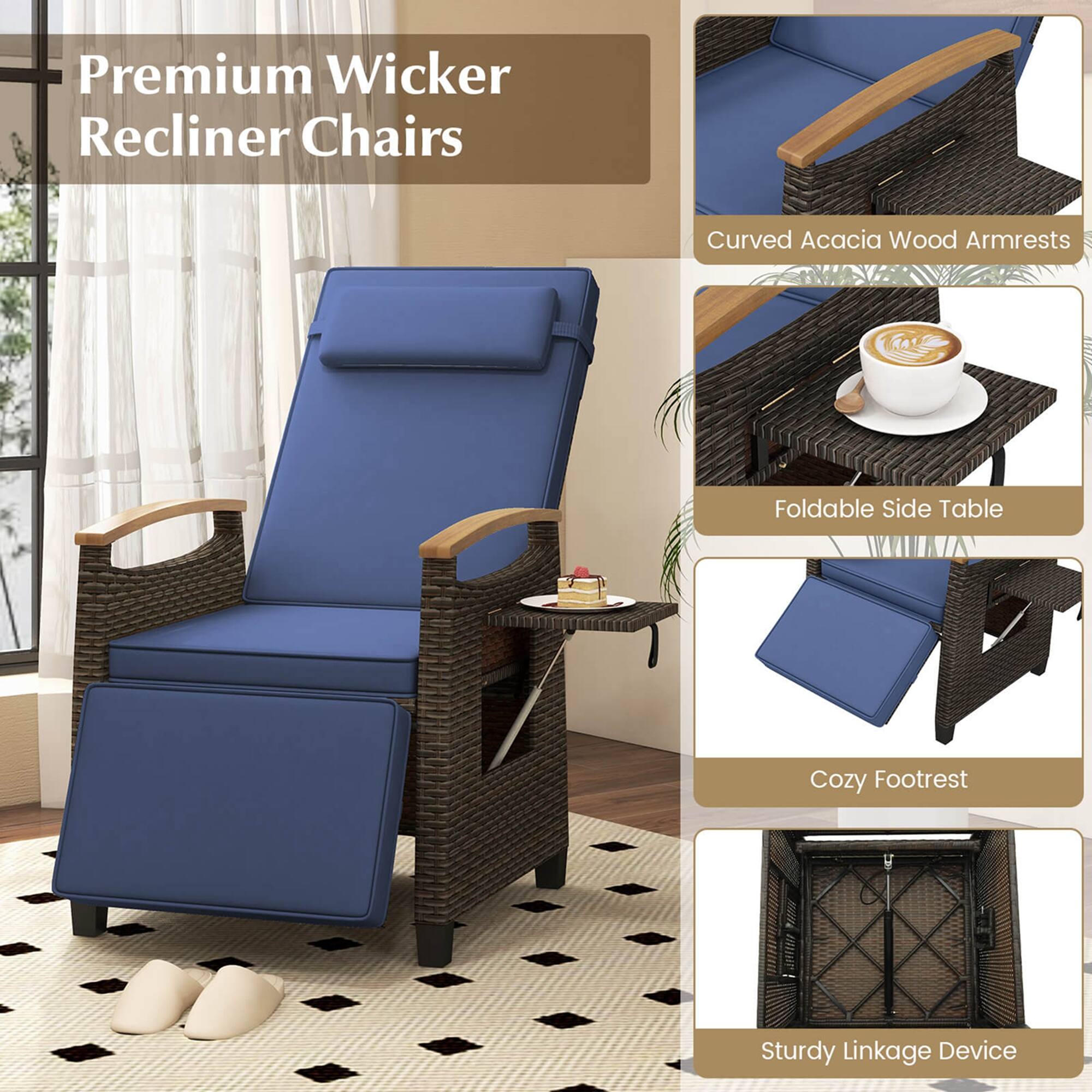 Premium Wicker Recliner Chairs Curved Acacia Wood Armrests TAE Foldable Side Table Cozy Footrest Sturdy Linkage Device