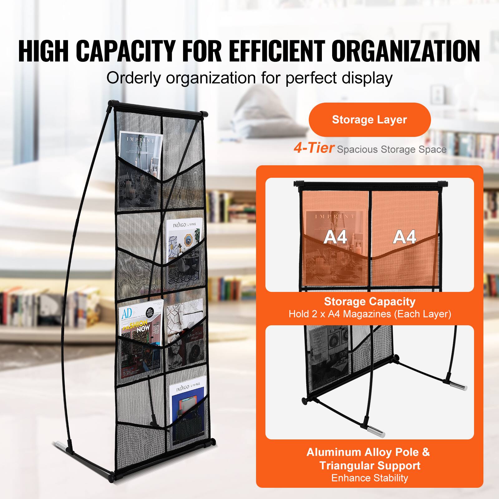 VEVOR Brochure Display Stand, 4 Tier 8 Pockets Mesh Literature