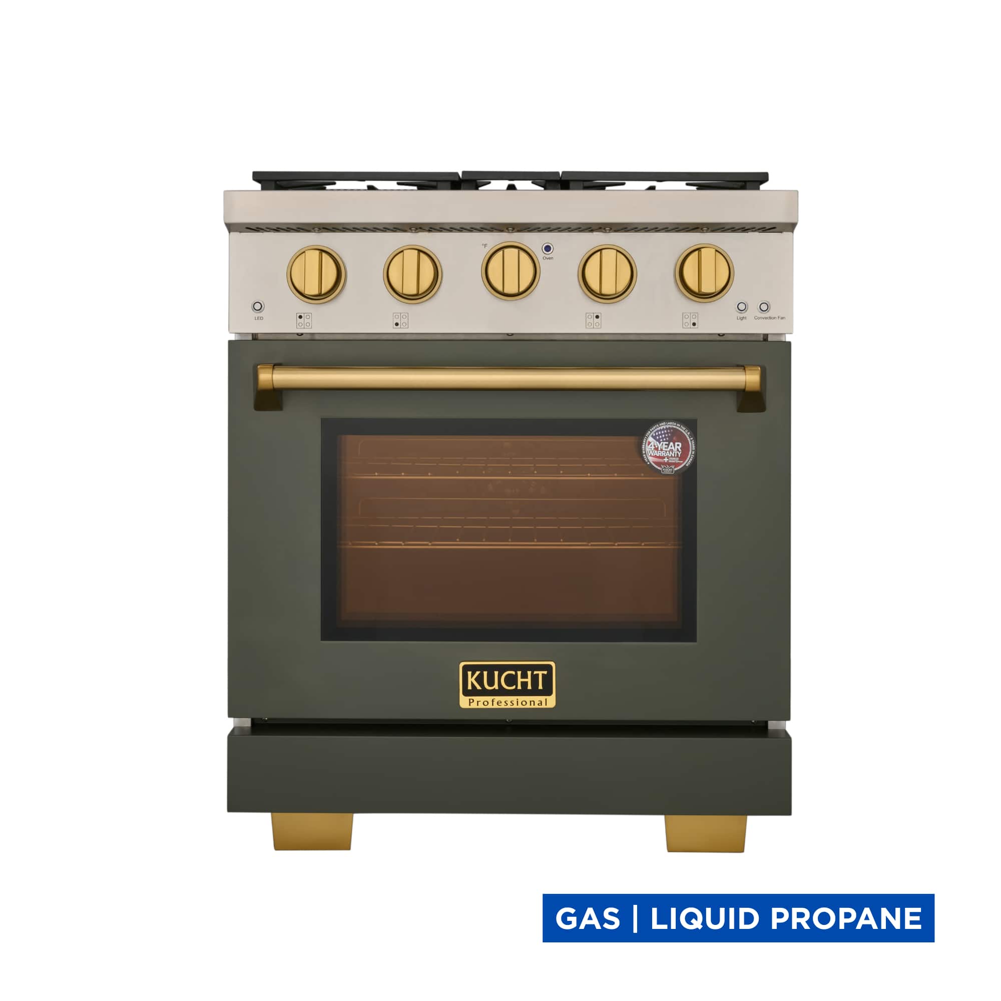 Kucht - 30 in. 4.2 cu. ft. Propane Gas Range and Convection Oven in Olive Green with gold knobs and True Simmer Burners - Olive  Green price history on PriceWatchPro