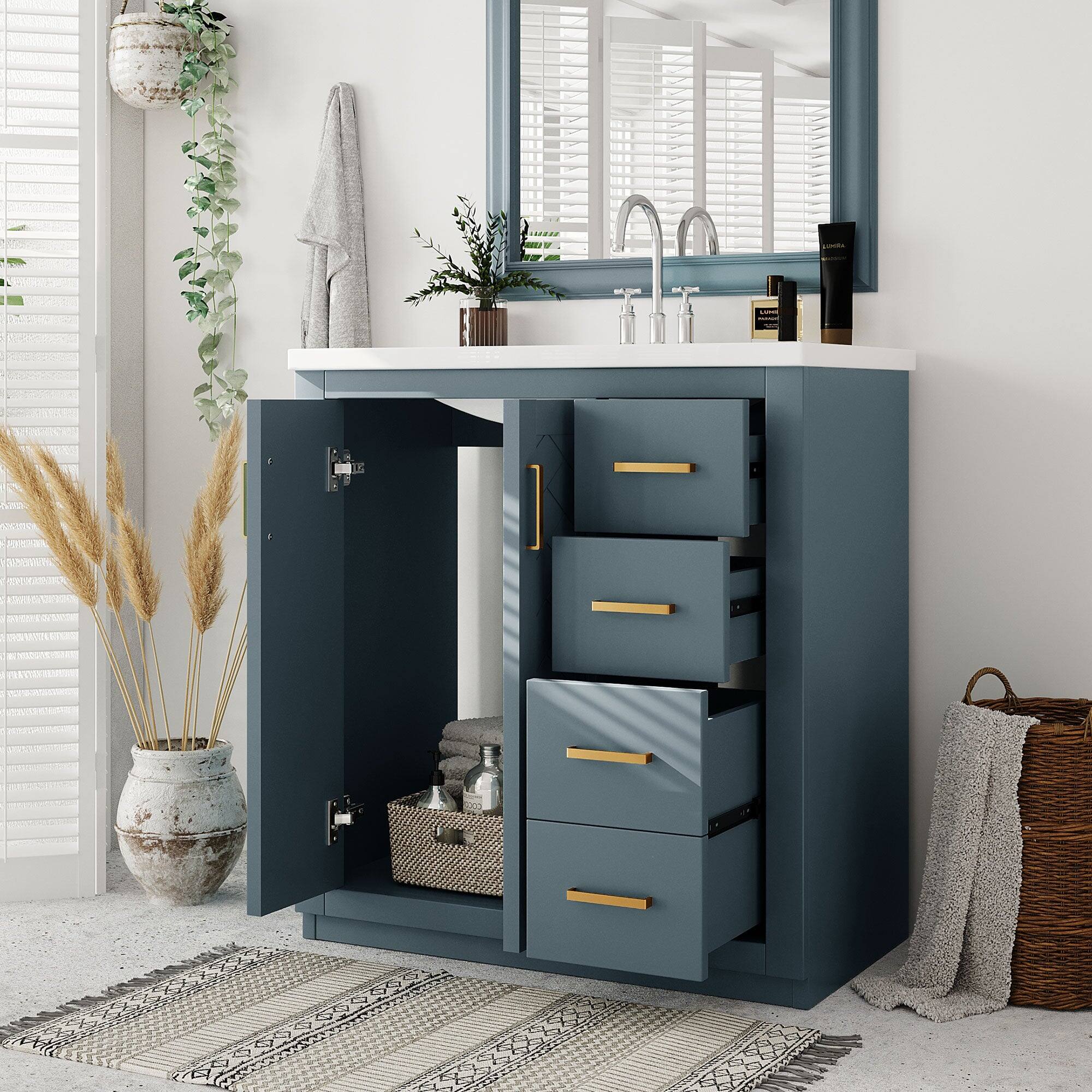 Alt View 3. Boyel Living - 30 Inch Bathroom Vanity Blue with Ceramic Sink Solid Wood Frame 3 Drawers - Blue.
