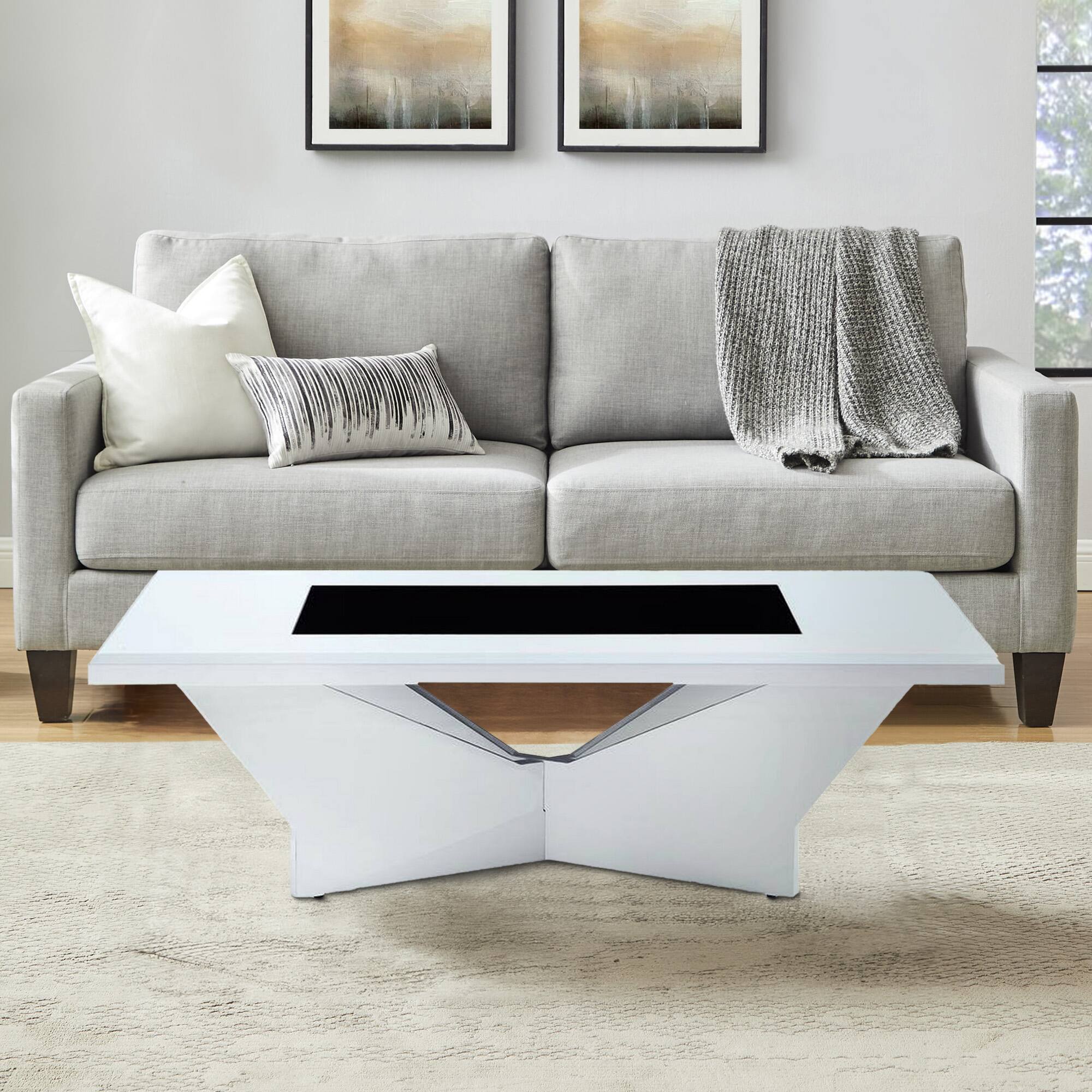 Alt View 5. Manhattan Lane - Pera 47 Inch Modern Coffee Table, Black Glass Insert, Geometric, White - Black, White.