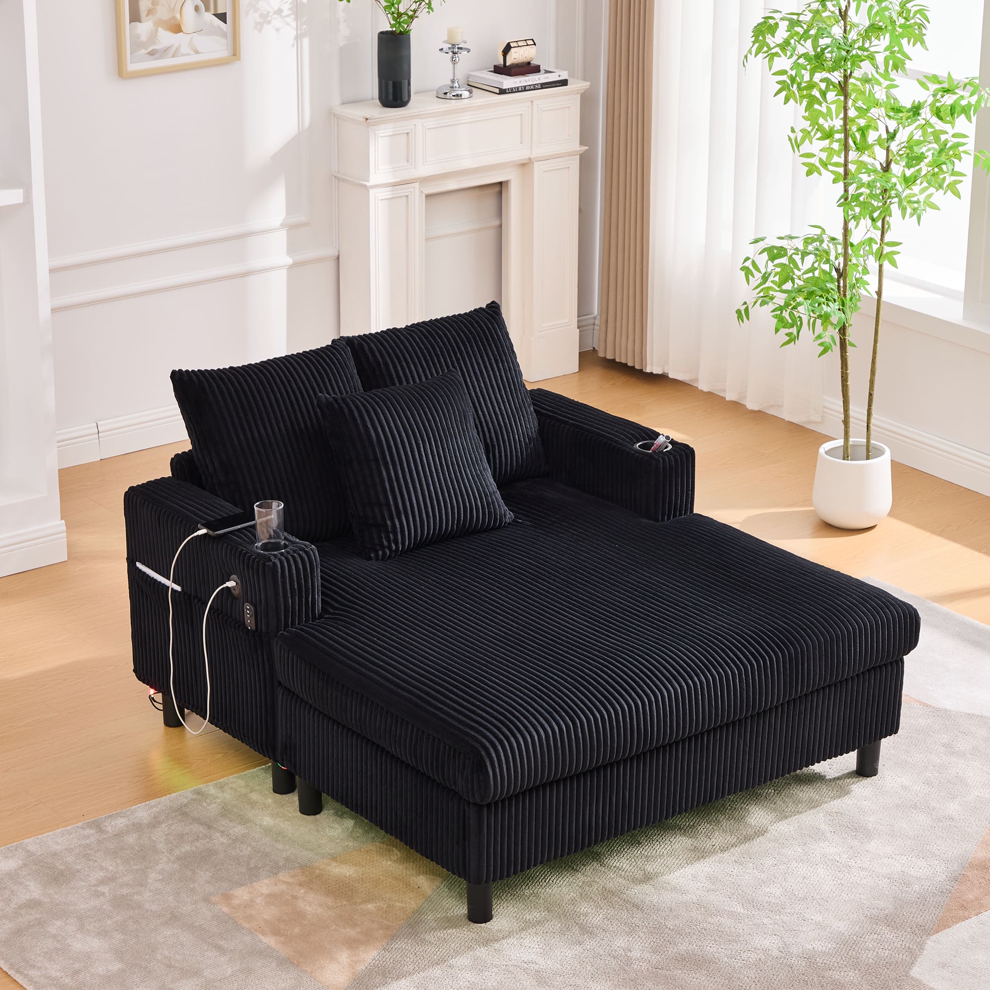 Trinkets Crazed - Modern Corduroy Oversized Recliner Sofa with Deep Seat, USB Charging,RGB LED Light Strip - Black