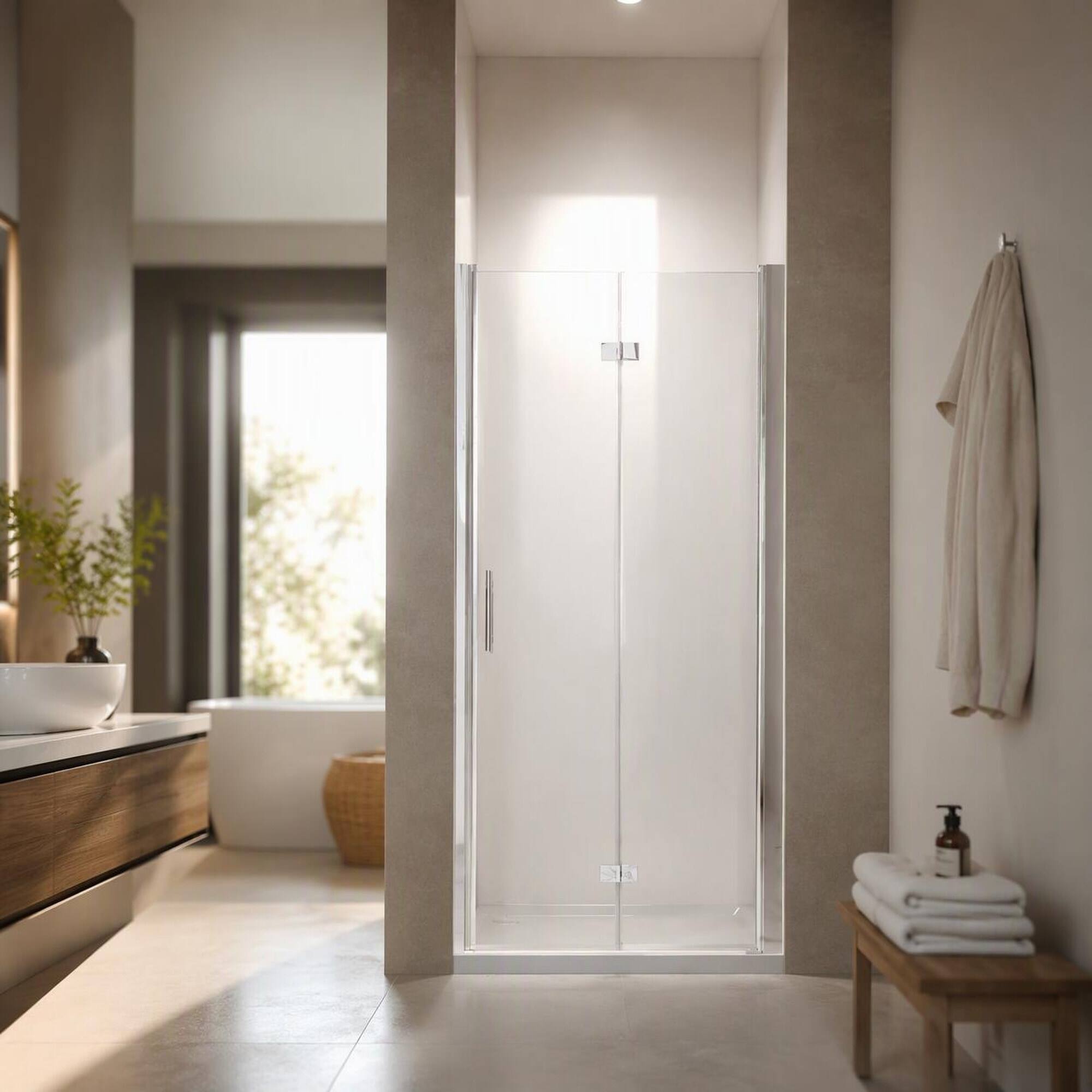 Front. RYHNUYNE - 34-35 In X 72 In Bifold Shower Door, 1/4 In Clear Tempered Glass Chrome Finish - Brushed Nickel.