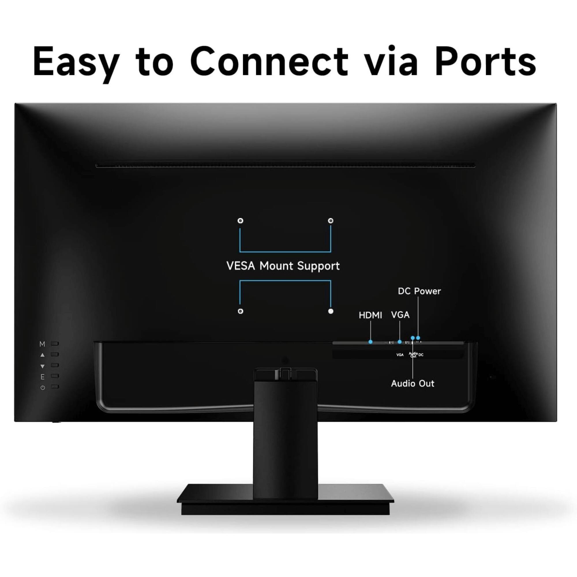 Easy to Connect via Ports

- VESA Mount Support
- DC Power
- HDMI
- VGA
- Audio Out