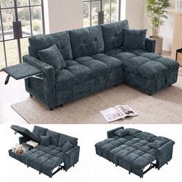 Anysun - Convertible Plush Sectional Sleeper Sofa with Pull-Out Couch Bed, Cloud Couch with Storage Chaise & USB Charging - Blue