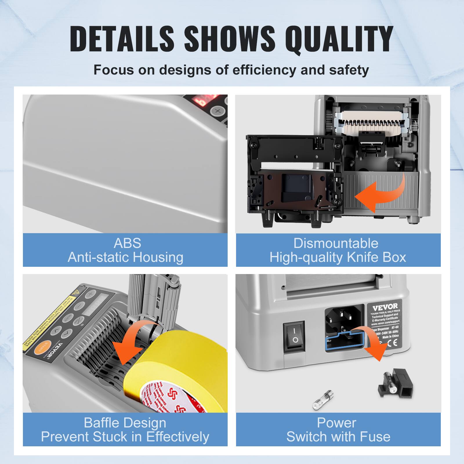 DETAILS SHOWS QUALITY  
Focus on designs of efficiency and safety  

- ABS Anti-static Housing  
- Dismountable High-quality Knife Box  
- Baffle Design Prevent Stuck in Effectively  
- Power Switch with Fuse